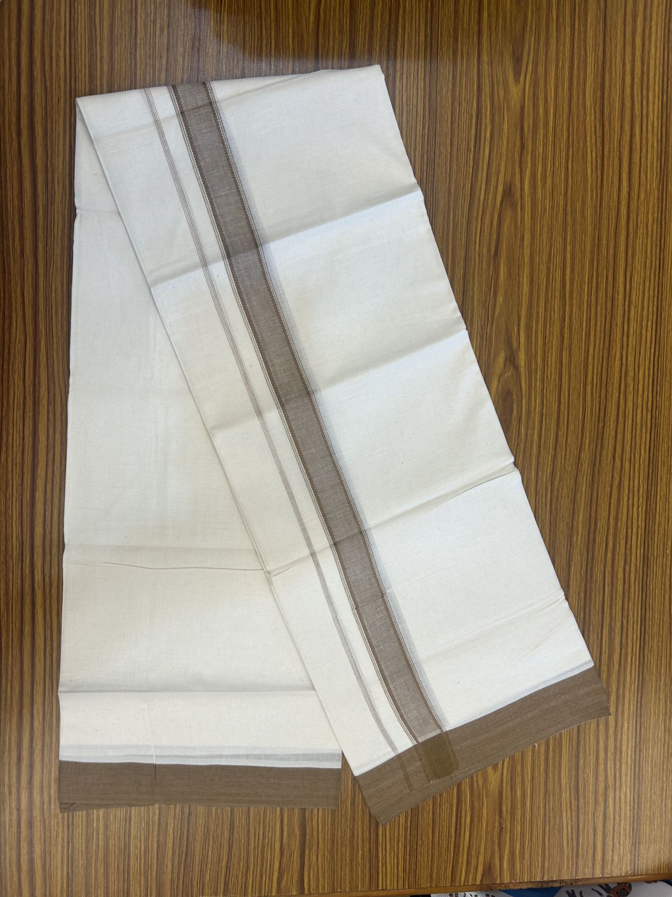 20% Discount! Kaitharikada Balaramapuram Double Off White Mundu/Dhoti -100x80 - 1.25 Inch Caramel Brown Shaded Stripes Kara 4 mtr (8.5 muzham) - 11 KK5311 VAS