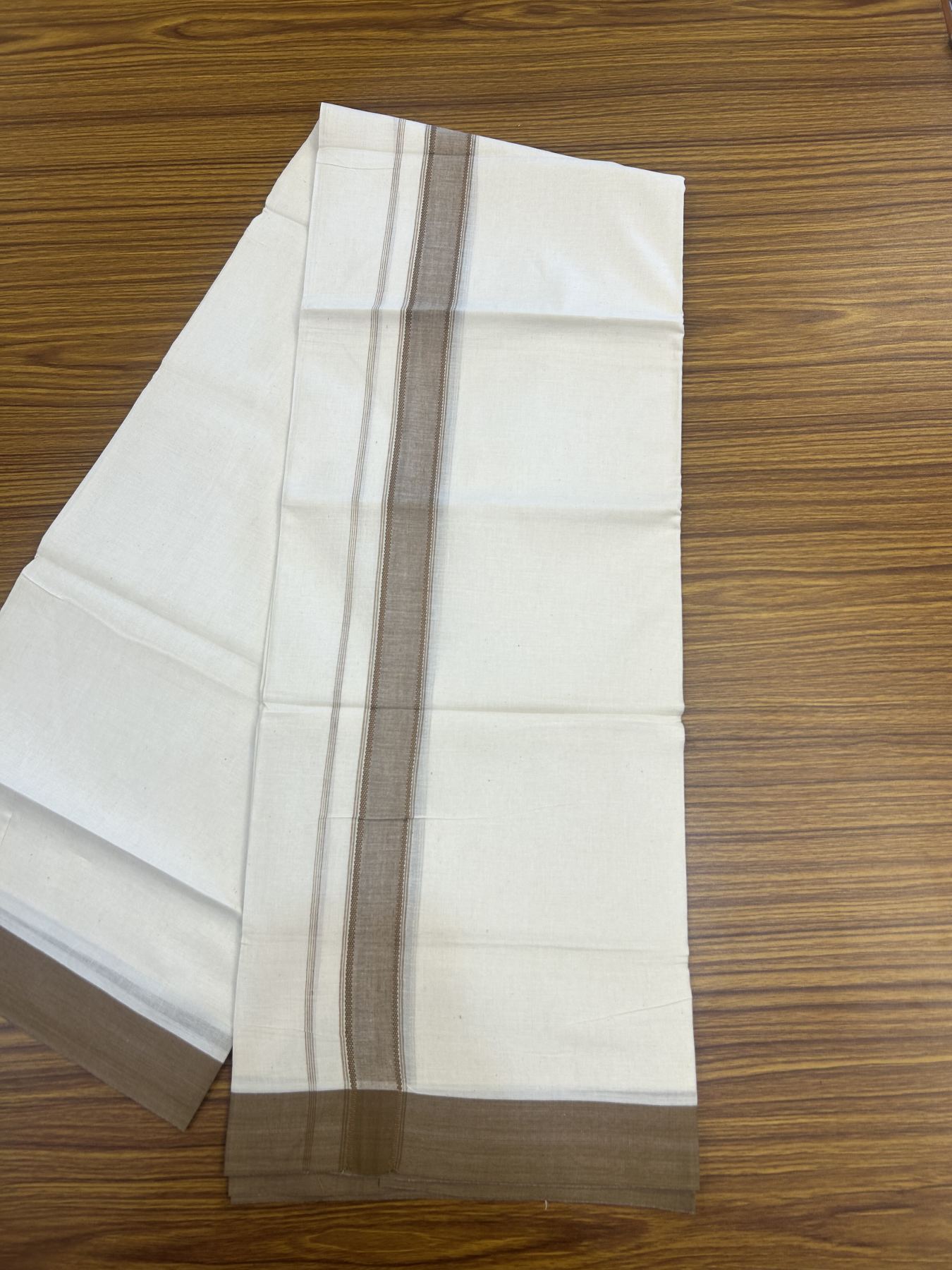 20% Discount! Kaitharikada Balaramapuram Double Off White Mundu/Dhoti -100x80 - 1.25 Inch Caramel Brown Shaded Stripes Kara 4 mtr (8.5 muzham) - 11 KK5311 VAS