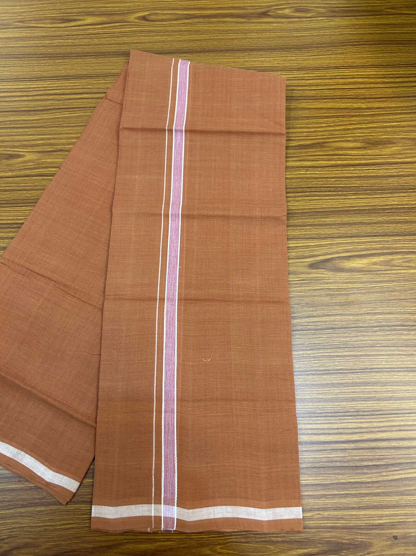 Kerala Handloom Single  - KaithariKada 100% Pure Cotton - Mundu/Dhoti Kavi Body & 0.75 inch Rose & White Shaded Kara - (2 meter / 4 muzham)- 55 KK8051 ELA