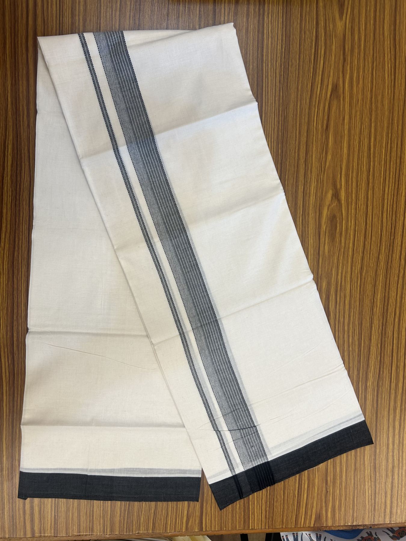 20% Discount! Kaitharikada Balaramapuram Double Off White Mundu/Dhoti - 100x80 - 1.25 Inch Black Shaded Stripes Kara 4 mtr (8.5 muzham) - 18 KK5311 VAS