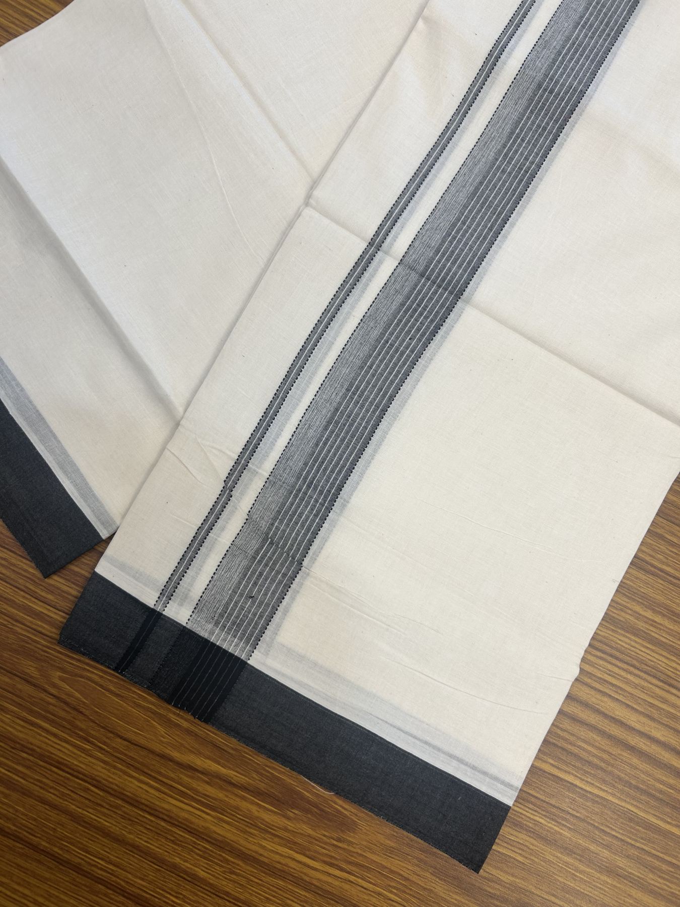 20% Discount! Kaitharikada Balaramapuram Double Off White Mundu/Dhoti - 100x80 - 1.25 Inch Black Shaded Stripes Kara 4 mtr (8.5 muzham) - 18 KK5311 VAS