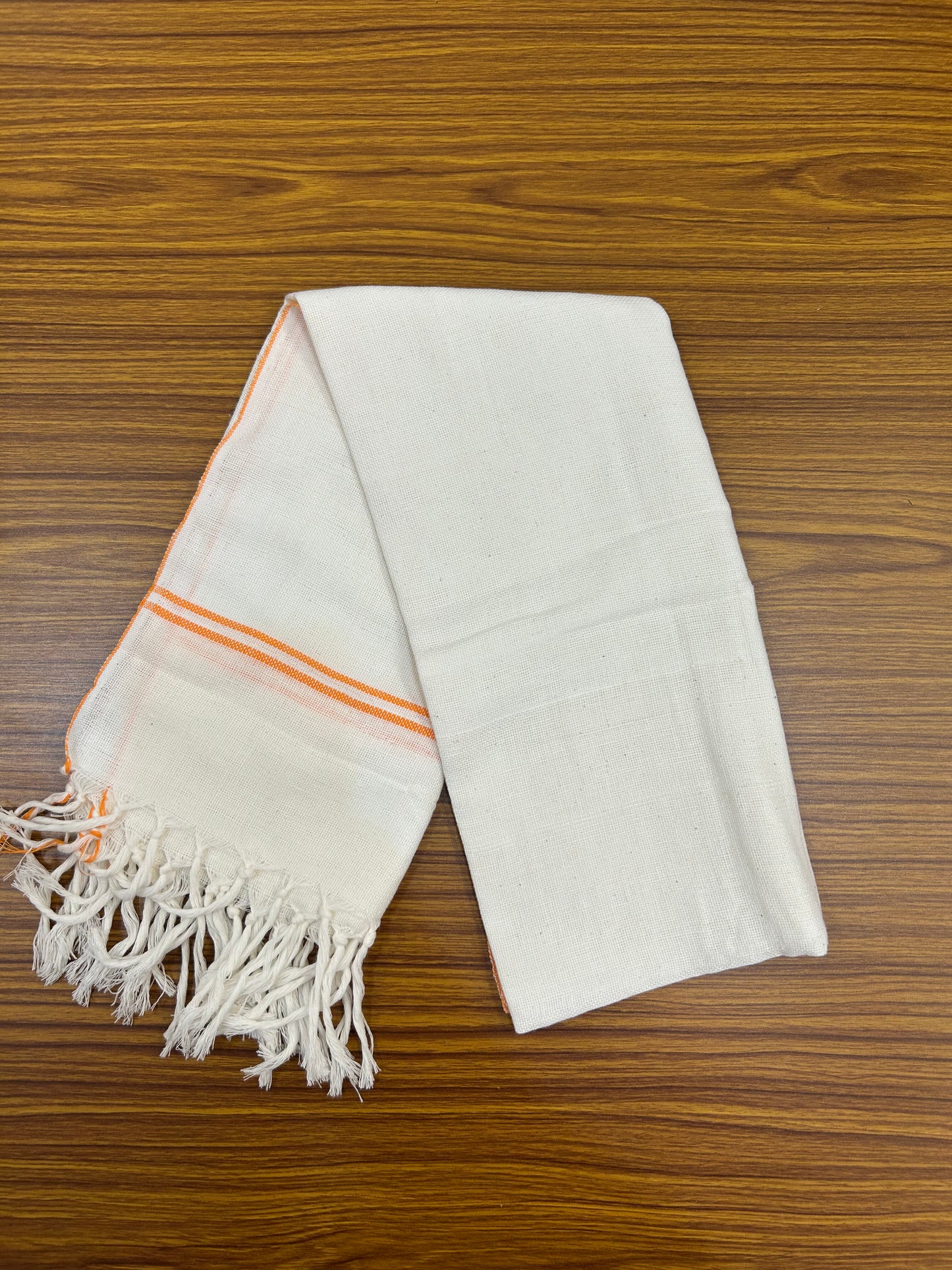 Kaitharikada - Handloom Pure Cotton Kerala Towel - Thorthu - White Body With Orange Kara - 2 KK51203 ELA