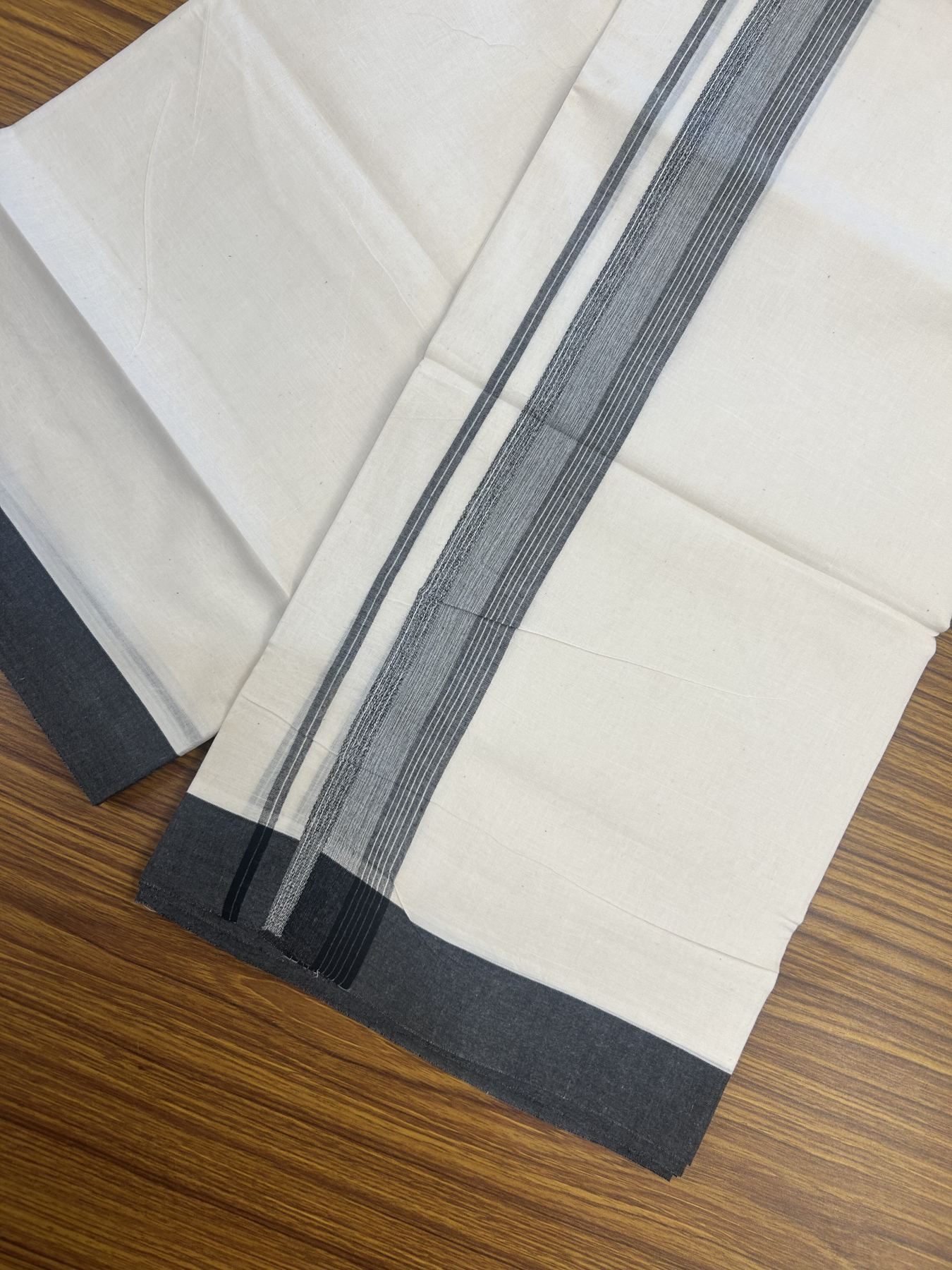 20% Discount! Kaitharikada Balaramapuram Double Off White Mundu/Dhoti - 100x80 - 1.5 Inch Black Shaded Stripes Kara 4 mtr (8.5 muzham) - 25 KK5311 VAS