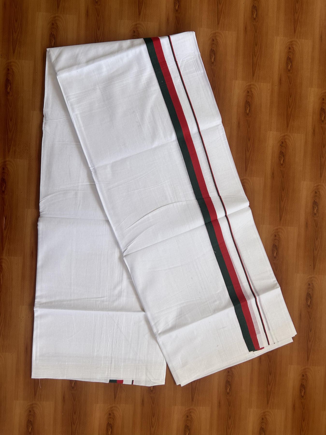 Sdpi Veshti - 20% Discount ! KaithariKada 100% Cotton Pure White Double Mundu/Dhoti - 100X80 - 1 inch Red & Green kara - 3.75m & 3.70m (8 muzham) - 1 KK5388 PMC