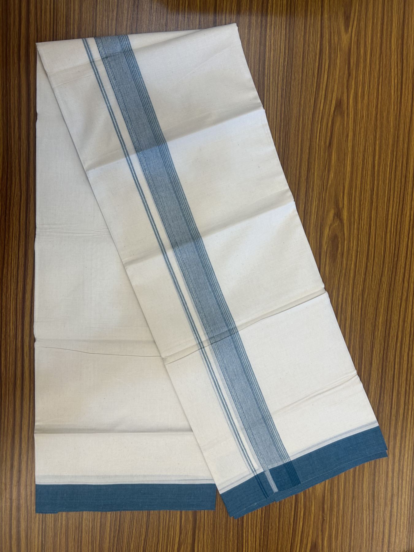20% Discount! Kaitharikada Balaramapuram Double Off White Mundu/Dhoti - 100x80 - 1.75 Inch Peacock Blue Shaded Stripes Kara 4 mtr (8.5 muzham) - 20 KK5311 VAS