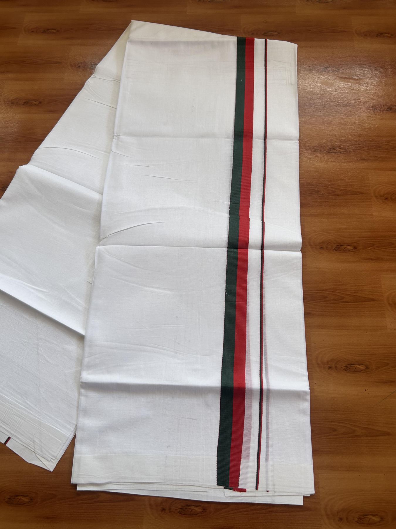 Sdpi Veshti - 20% Discount ! KaithariKada 100% Cotton Pure White Double Mundu/Dhoti - 100X80 - 1 inch Red & Green kara - 3.75m & 3.70m (8 muzham) - 1 KK5388 PMC
