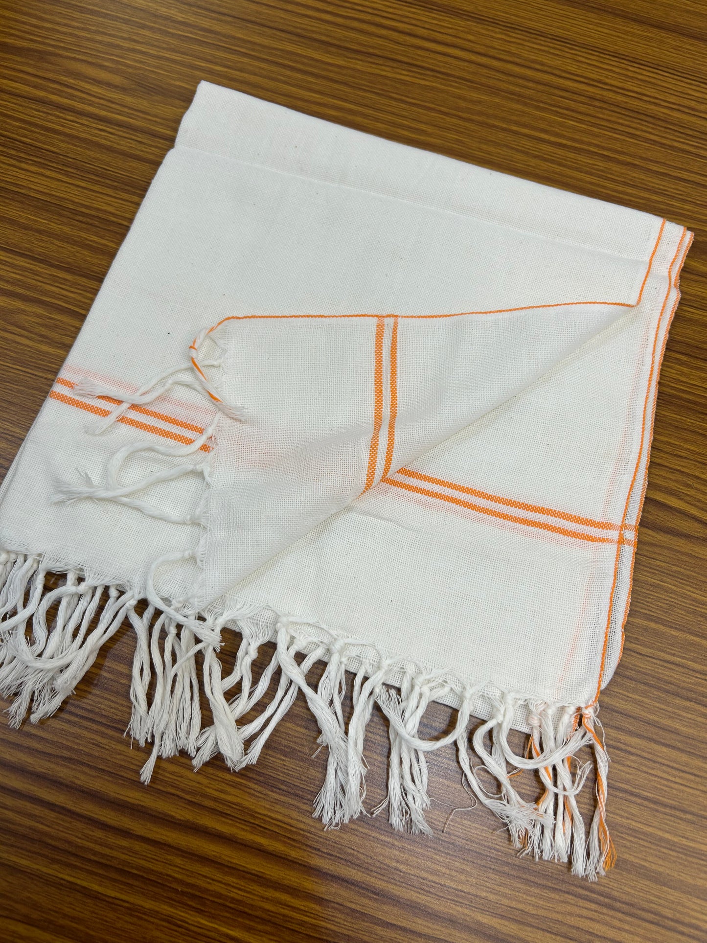 Kaitharikada - Handloom Pure Cotton Kerala Towel - Thorthu - White Body With Orange Kara - 2 KK51203 ELA