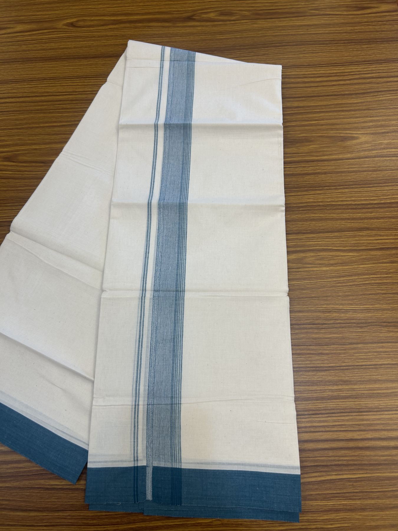 20% Discount! Kaitharikada Balaramapuram Double Off White Mundu/Dhoti - 100x80 - 1.75 Inch Peacock Blue Shaded Stripes Kara 4 mtr (8.5 muzham) - 20 KK5311 VAS