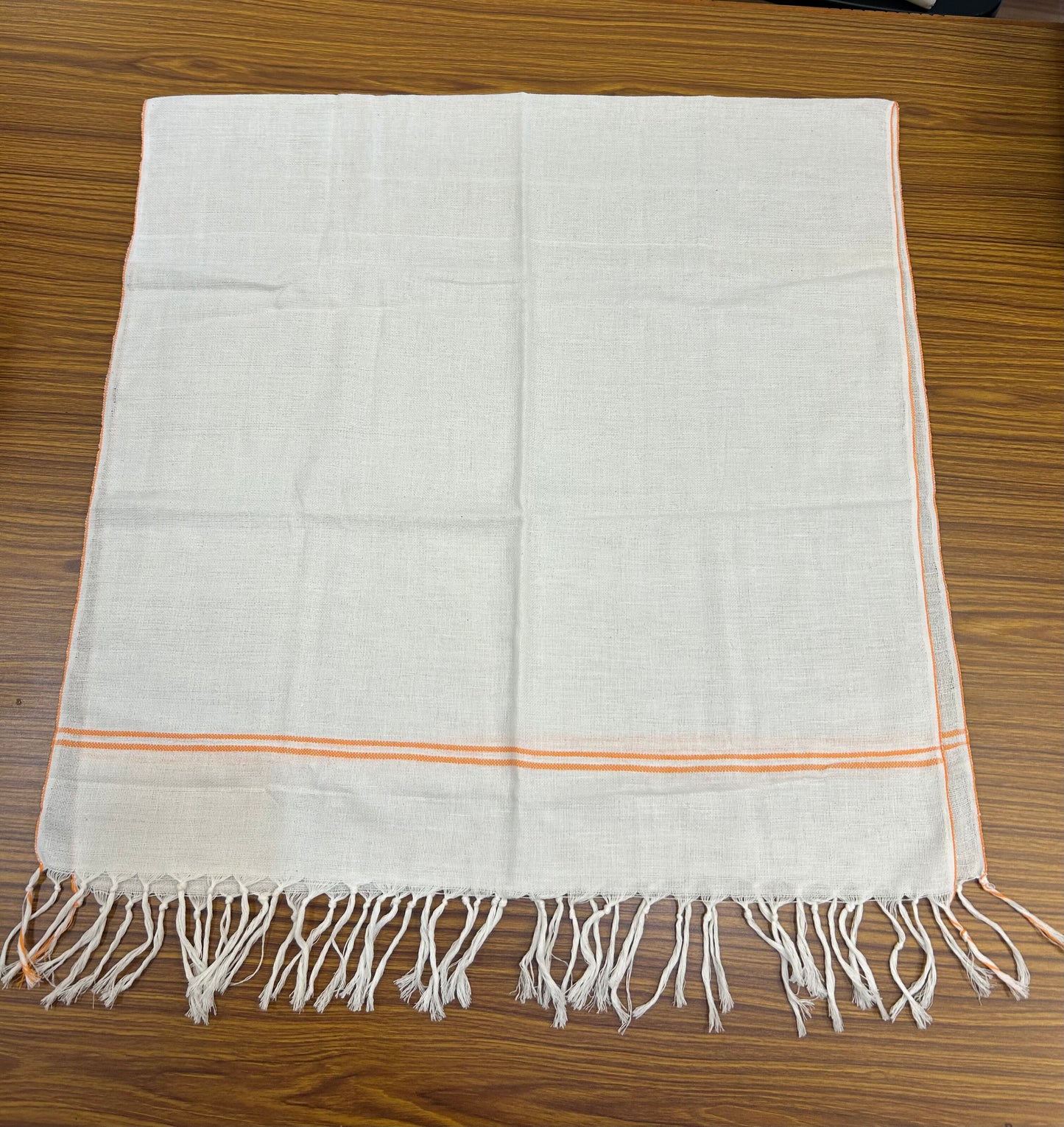 Kaitharikada - Handloom Pure Cotton Kerala Towel - Thorthu - White Body With Orange Kara - 2 KK51203 ELA