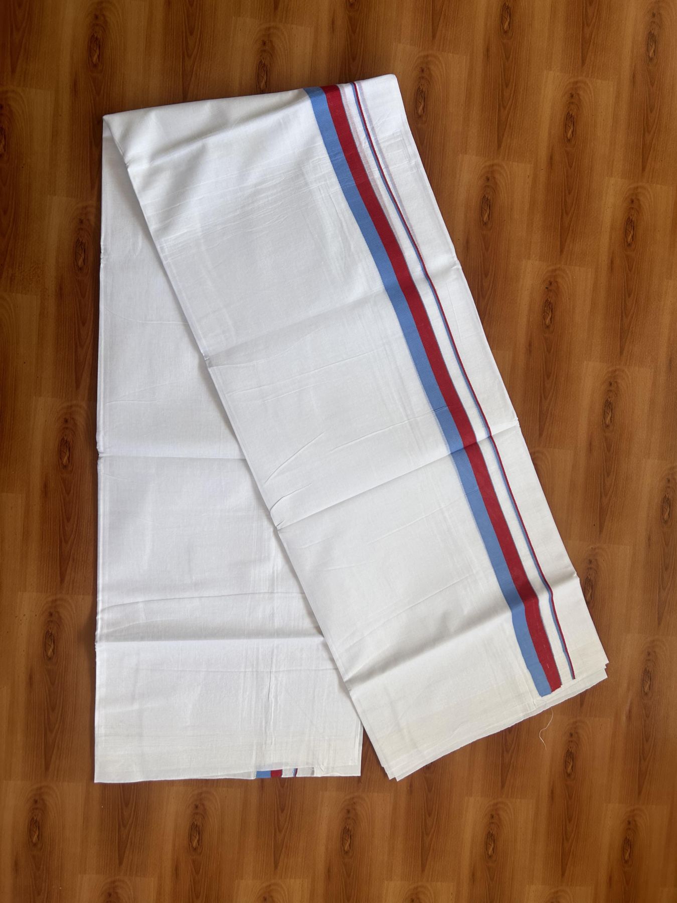 Vck Veshti - 20% Discount ! KaithariKada 100% Cotton Pure White Double Mundu/Dhoti - 100X80 - 1 inch Red & Blue kara 3.70m & 3.75m (8 muzham) - 2 KK5388 PMC