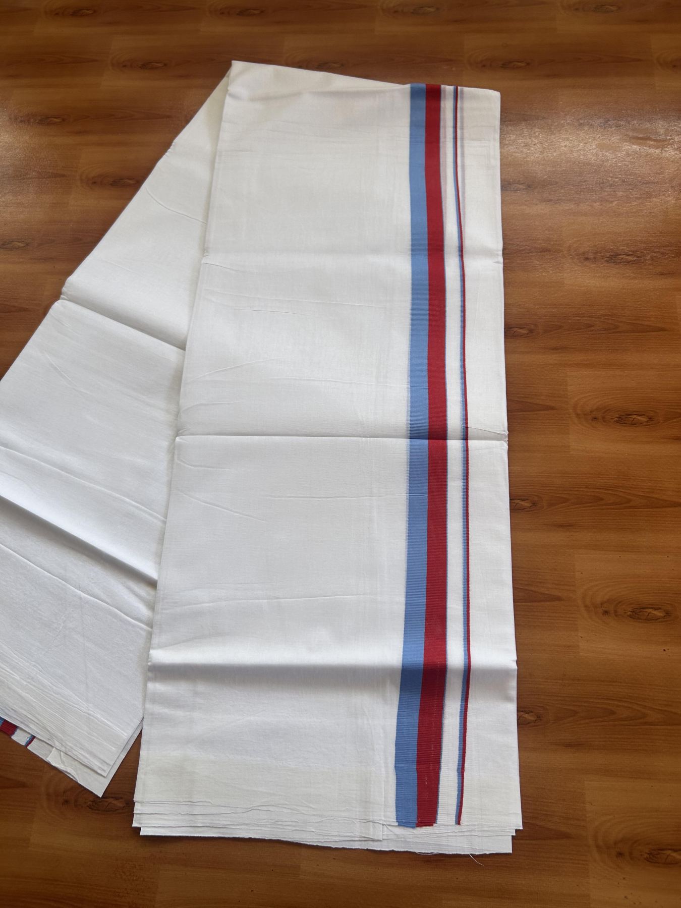 Vck Veshti - 20% Discount ! KaithariKada 100% Cotton Pure White Double Mundu/Dhoti - 100X80 - 1 inch Red & Blue kara 3.70m & 3.75m (8 muzham) - 2 KK5388 PMC
