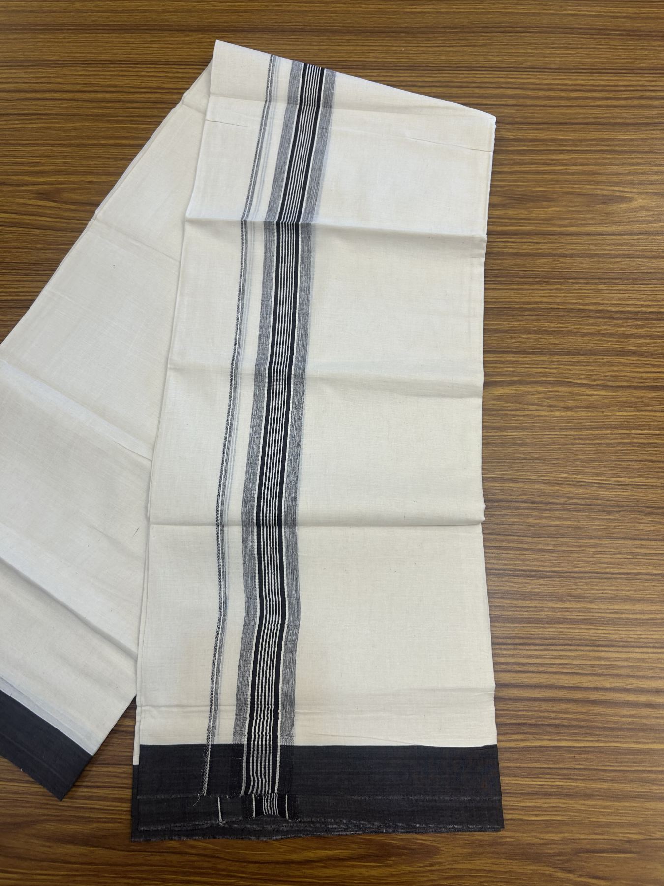 20% Discount! Kaitharikada Balaramapuram Double Off White Mundu/Dhoti - 100x80 - 1.5 Inch Black Shaded Stripes Kara 4 mtr (8.5 muzham) - 29 KK5311 VAS