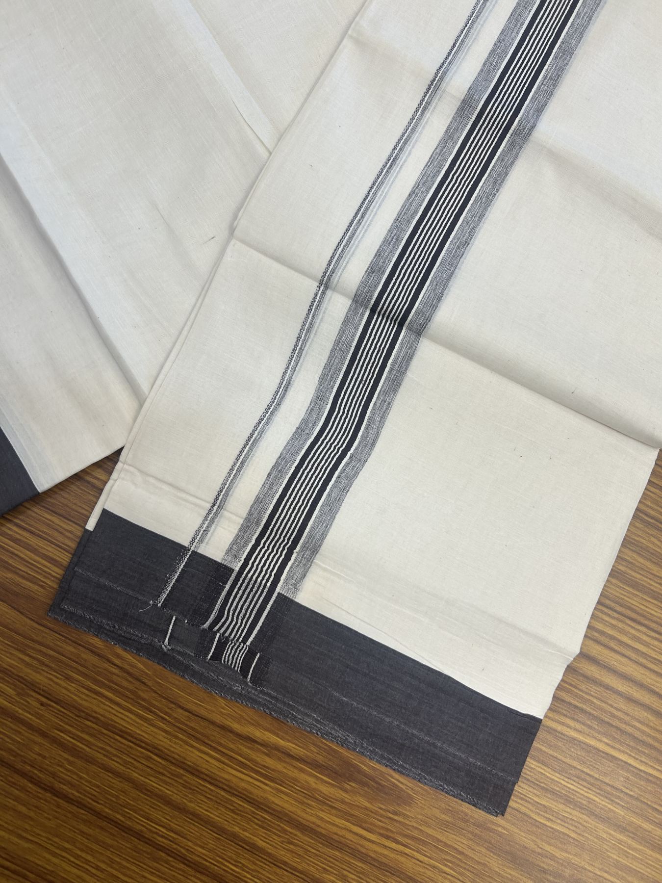 20% Discount! Kaitharikada Balaramapuram Double Off White Mundu/Dhoti - 100x80 - 1.5 Inch Black Shaded Stripes Kara 4 mtr (8.5 muzham) - 29 KK5311 VAS