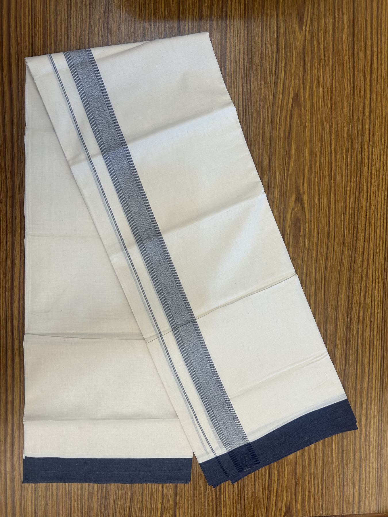 20% Discount! Kaitharikada Balaramapuram Double Off White Mundu/Dhoti -100x80 - 1.5 Inch Navy Blue Shaded Stripes Kara 4 mtr (8.5 muzham) - 13 KK5311 VAS