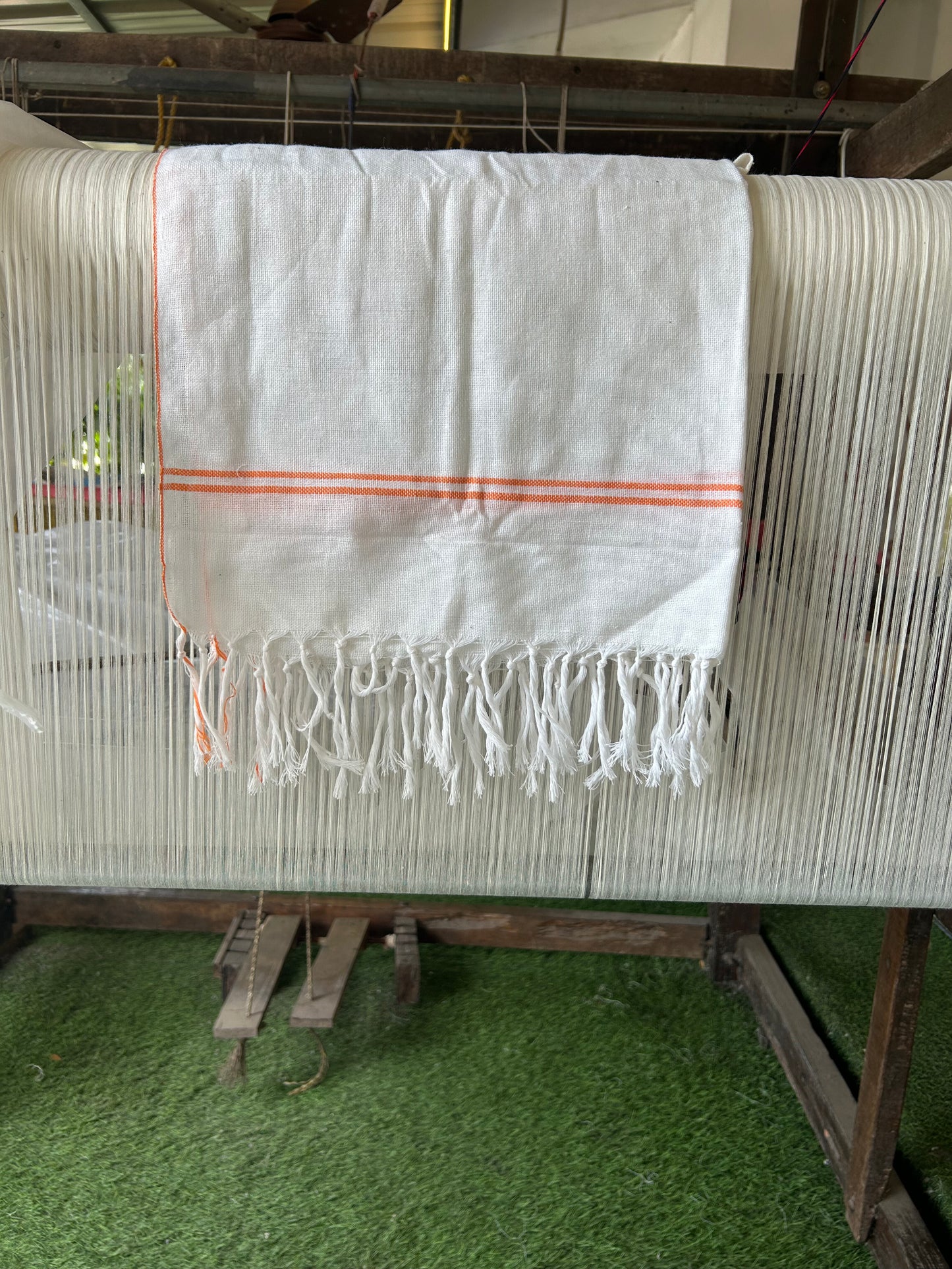 Kaitharikada - Handloom Pure Cotton Kerala Towel - Thorthu - White Body With Orange Kara - 2 KK51203 ELA