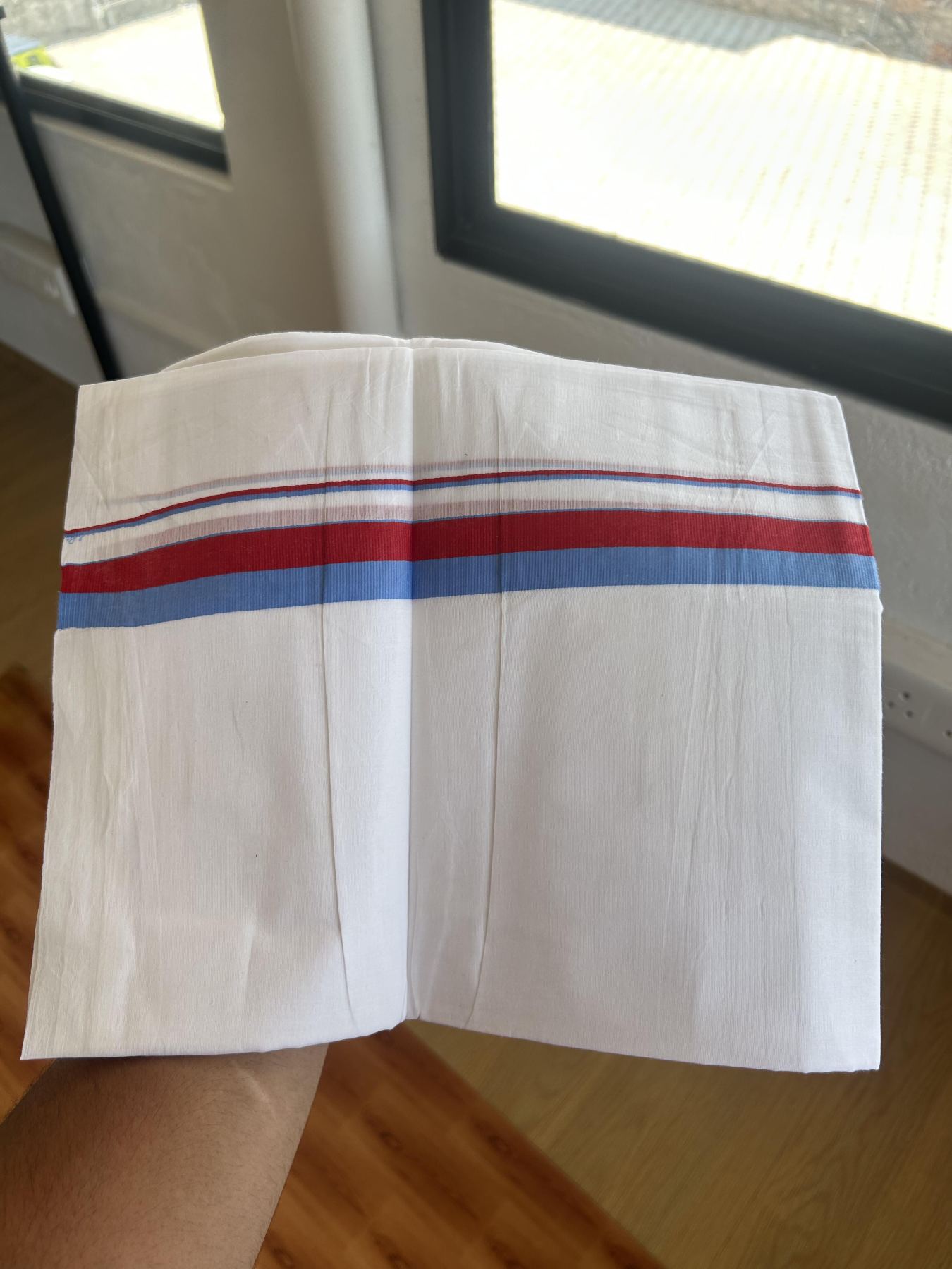 Vck Veshti - 20% Discount ! KaithariKada 100% Cotton Pure White Double Mundu/Dhoti - 100X80 - 1 inch Red & Blue kara 3.70m & 3.75m (8 muzham) - 2 KK5388 PMC