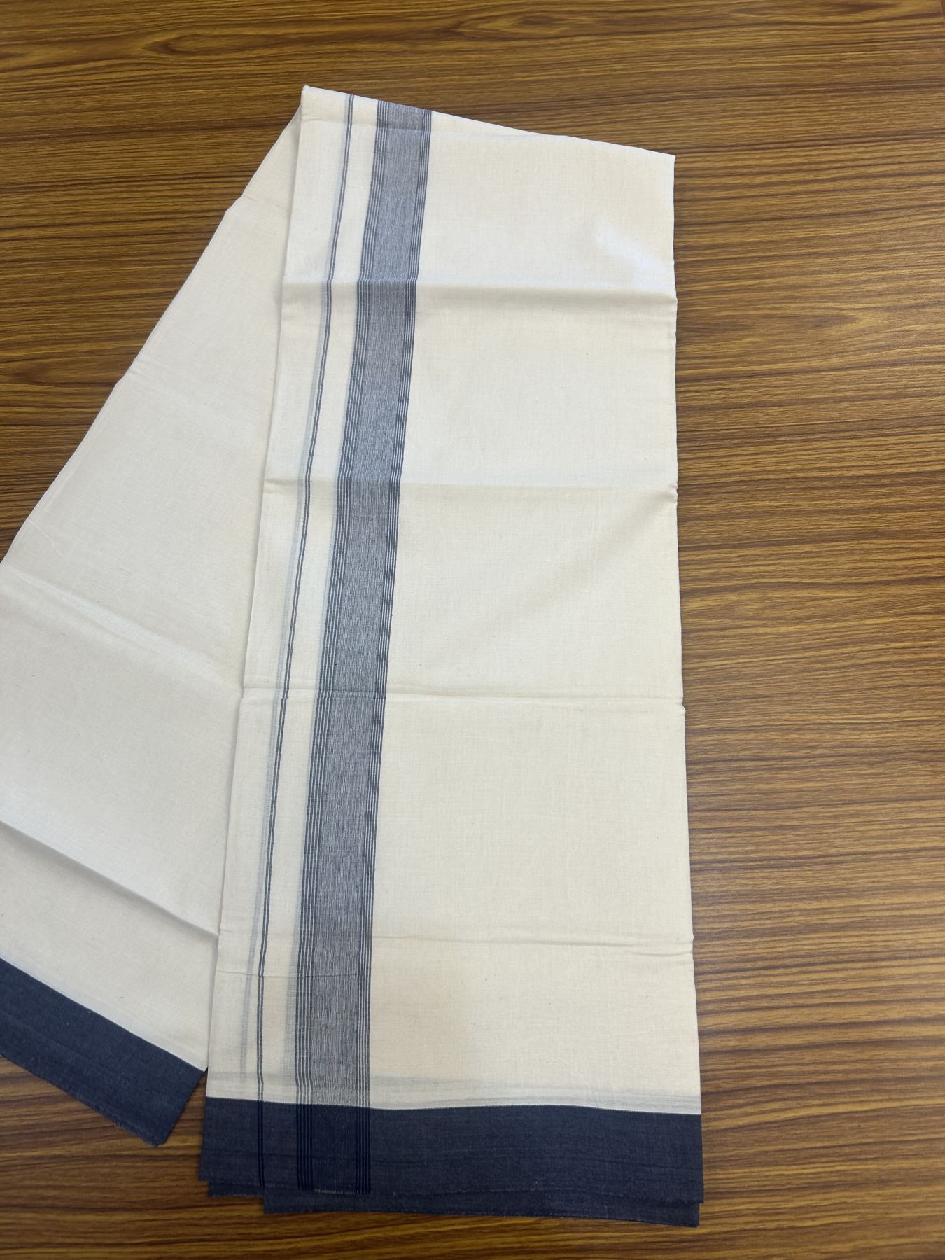 20% Discount! Kaitharikada Balaramapuram Double Off White Mundu/Dhoti -100x80 - 1.5 Inch Navy Blue Shaded Stripes Kara 4 mtr (8.5 muzham) - 13 KK5311 VAS