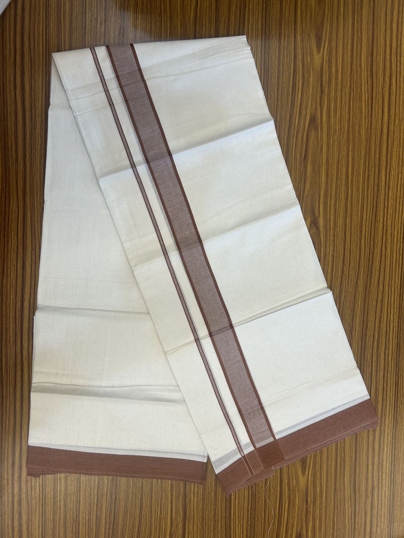 20% Discount! Kaitharikada Balaramapuram Double Off White Mundu/Dhoti -100x80 - 1.25 Inch Brown Shaded Stripes Kara 4 mtr (8.5 muzham) - 14 KK5311 VAS
