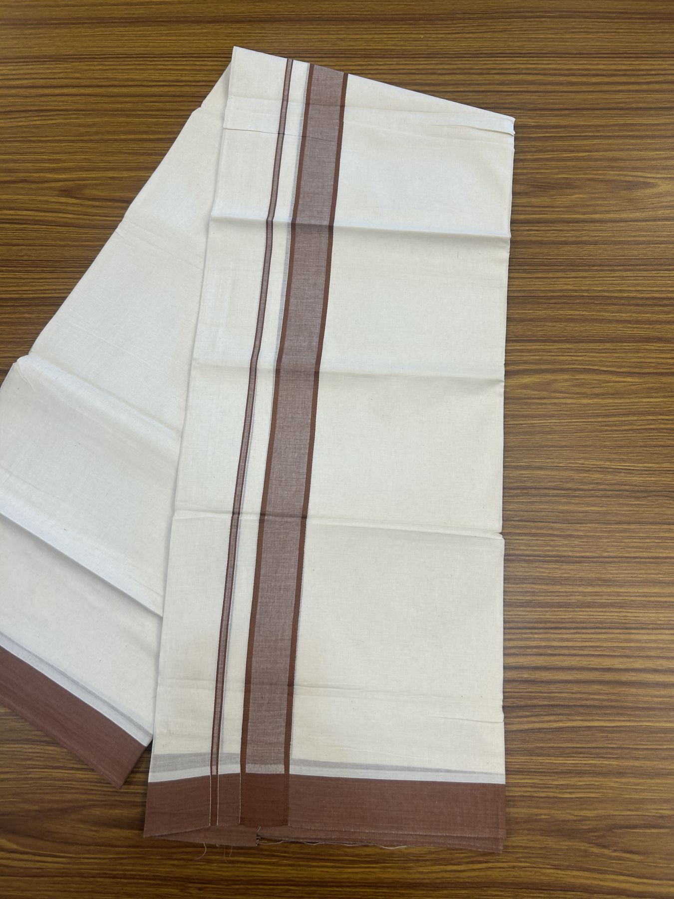 20% Discount! Kaitharikada Balaramapuram Double Off White Mundu/Dhoti -100x80 - 1.25 Inch Brown Shaded Stripes Kara 4 mtr (8.5 muzham) - 14 KK5311 VAS