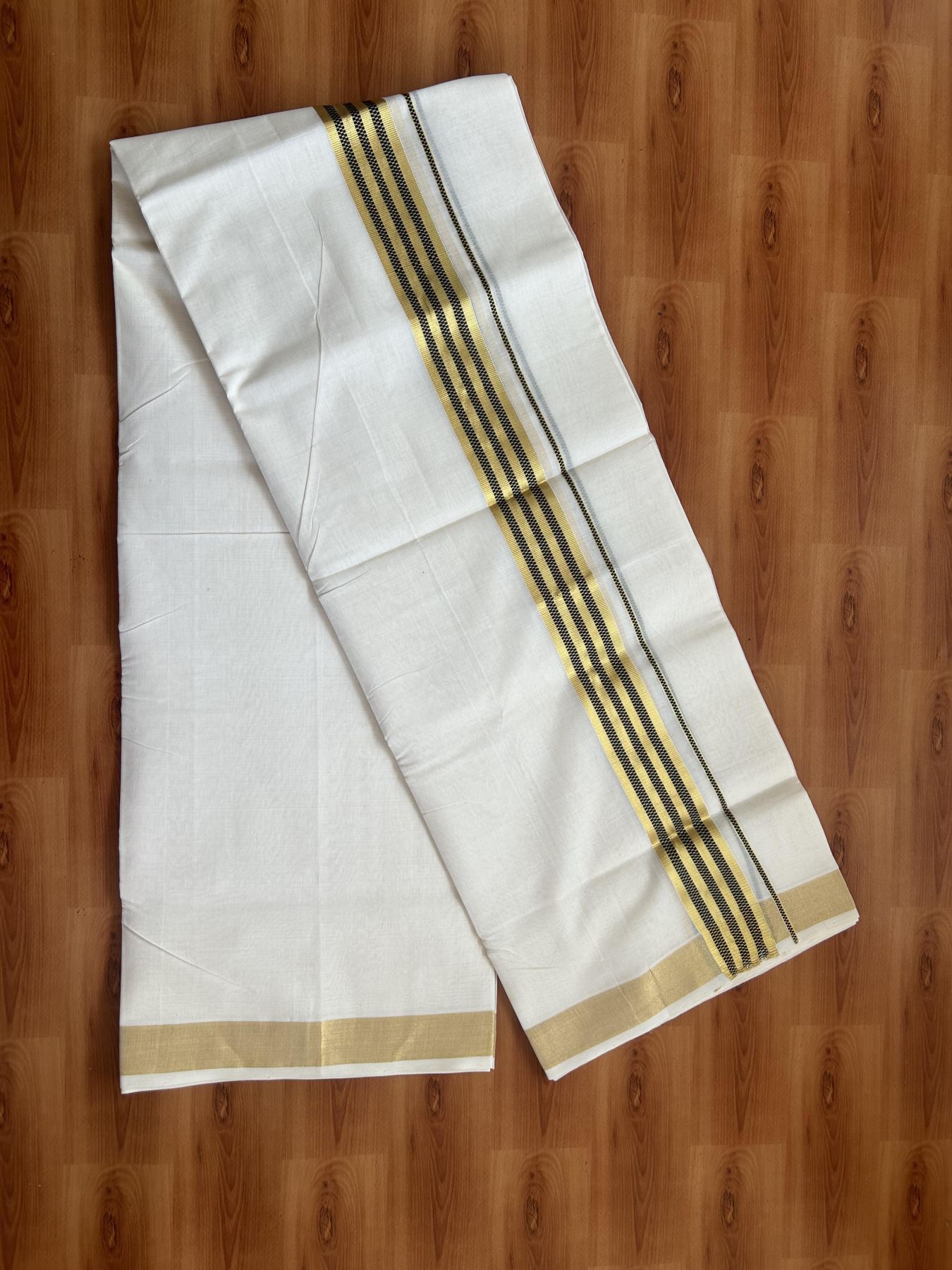 25% Discount ! Kaitharikada Handloom Unakkupaav - Kerala Handloom - 100% Pure Cotton Off White - (Unbleached) Double Mund/Dhoti - 100x80 - 1.75 inch Gold Kasav & Black Jacquard Design Kara 4 mtr (8.5 Muzham) - 29 KK5384 ABH