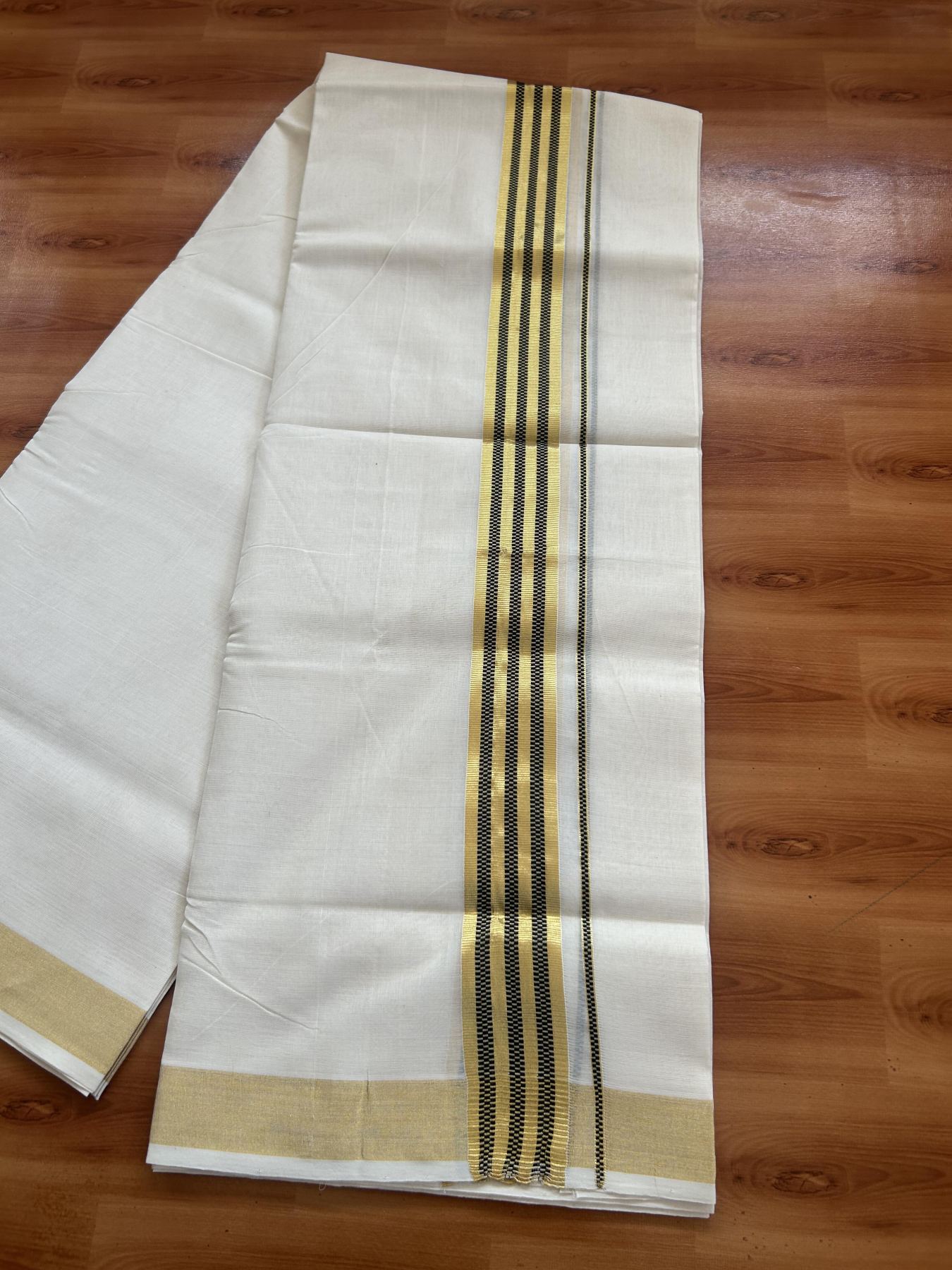 25% Discount ! Kaitharikada Handloom Unakkupaav - Kerala Handloom - 100% Pure Cotton Off White - (Unbleached) Double Mund/Dhoti - 100x80 - 1.75 inch Gold Kasav & Black Jacquard Design Kara 4 mtr (8.5 Muzham) - 29 KK5384 ABH