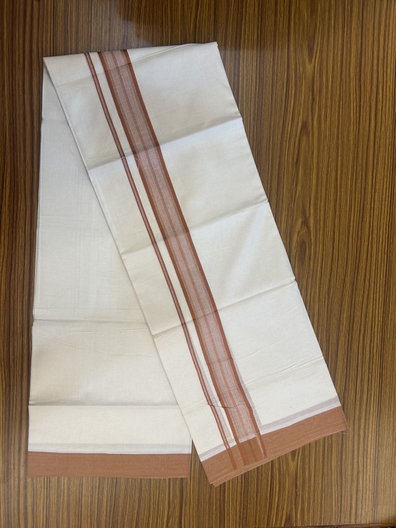 20% Discount! Kaitharikada Balaramapuram Double Off White Mundu/Dhoti - 100x80 - 1.5 Inch Burnt Orange Shaded Stripes Kara 4 mtr (8.5 muzham) - 23 KK5311 VAS