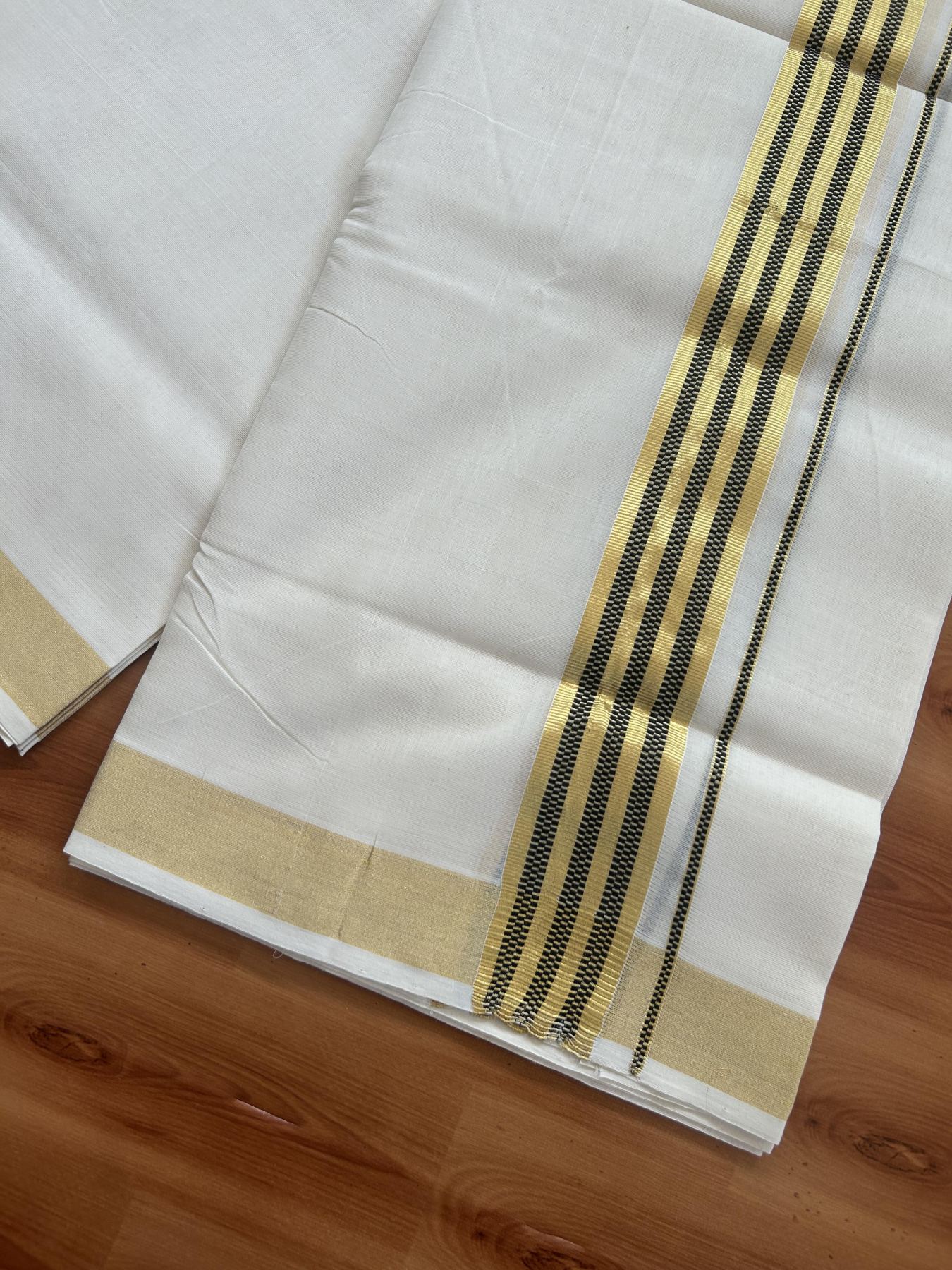 25% Discount ! Kaitharikada Handloom Unakkupaav - Kerala Handloom - 100% Pure Cotton Off White - (Unbleached) Double Mund/Dhoti - 100x80 - 1.75 inch Gold Kasav & Black Jacquard Design Kara 4 mtr (8.5 Muzham) - 29 KK5384 ABH