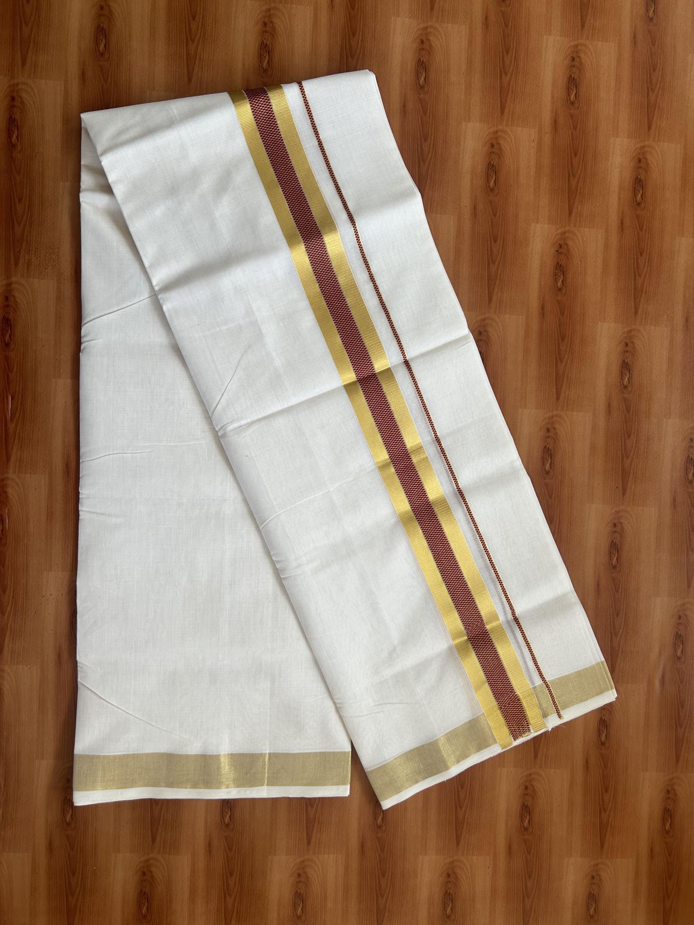 25% Discount ! Kaitharikada Handloom Unakkupaav - Kerala Handloom - 100% Pure Cotton Off White - (Unbleached) Double Mund/Dhoti - 100x80 - 1.75 inch Gold Kasav & Maroon Jacquard Design Kara 4 mtr (8.5 Muzham) - 31 KK5384 ABH