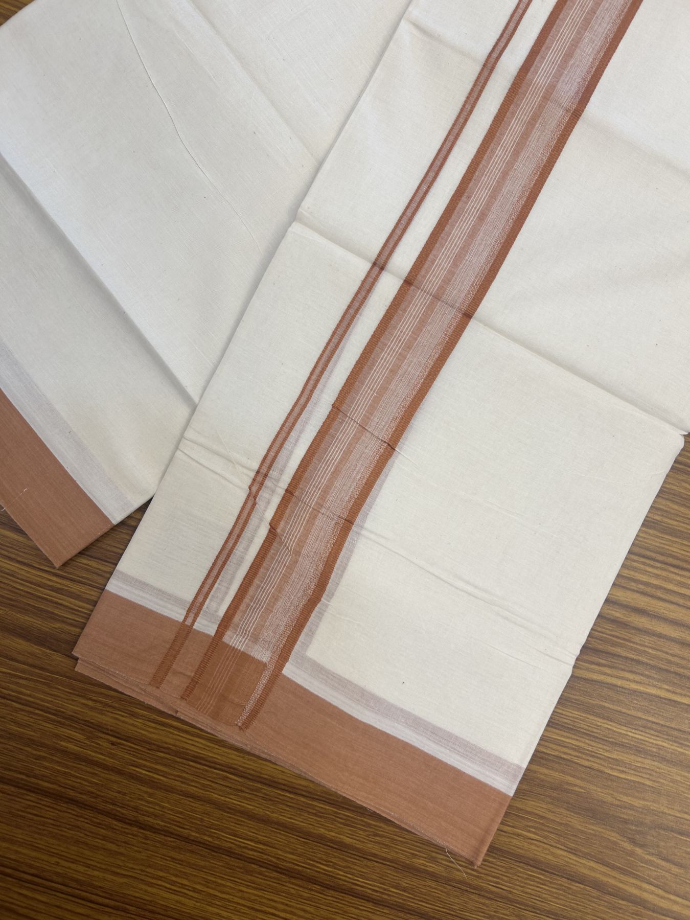 20% Discount! Kaitharikada Balaramapuram Double Off White Mundu/Dhoti - 100x80 - 1.5 Inch Burnt Orange Shaded Stripes Kara 4 mtr (8.5 muzham) - 23 KK5311 VAS