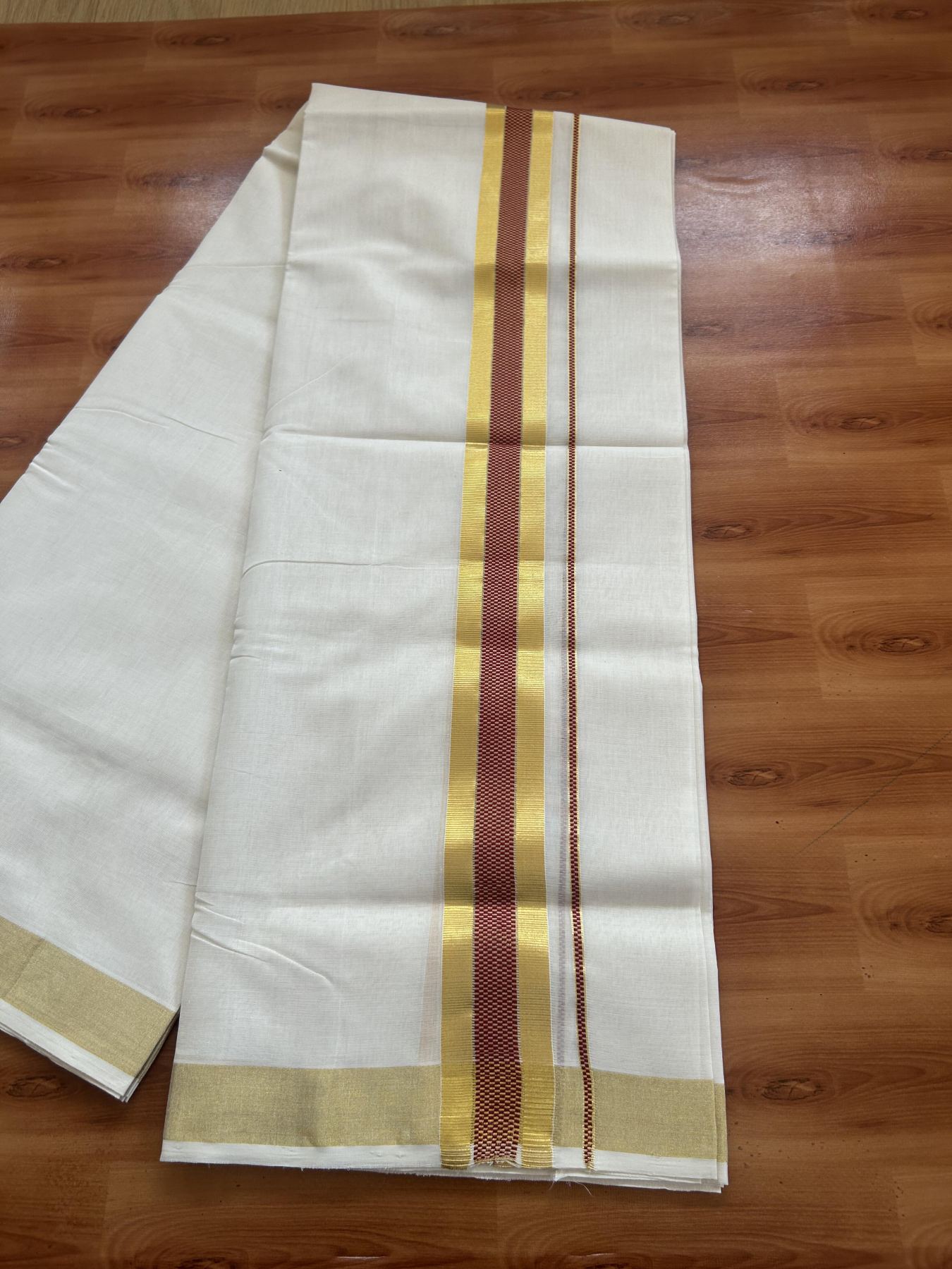 25% Discount ! Kaitharikada Handloom Unakkupaav - Kerala Handloom - 100% Pure Cotton Off White - (Unbleached) Double Mund/Dhoti - 100x80 - 1.75 inch Gold Kasav & Maroon Jacquard Design Kara 4 mtr (8.5 Muzham) - 31 KK5384 ABH