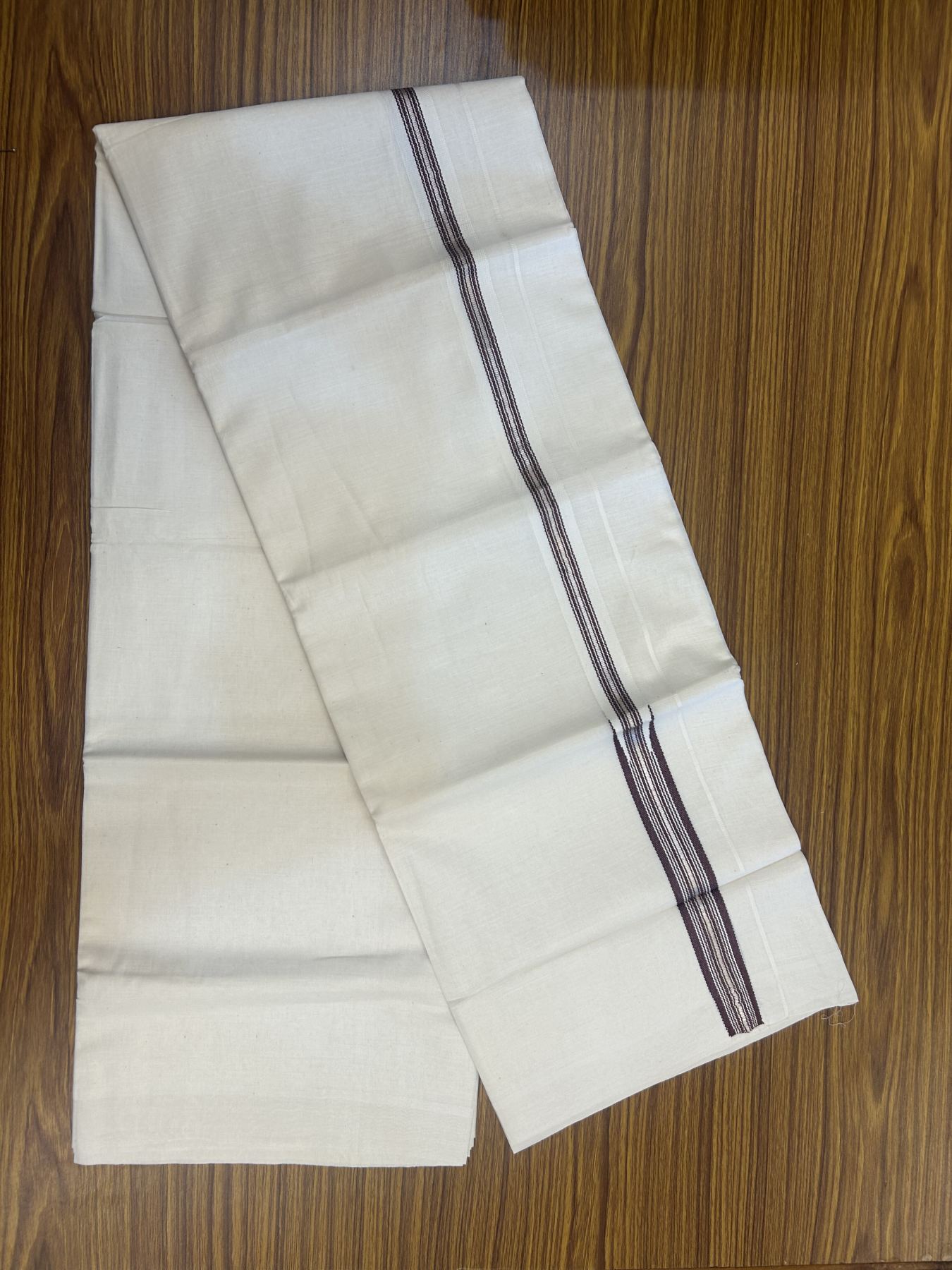 20% Discount!! KaithariKada Balaramapuram Pure Cotton Double Off White - (Unbleached) - Mundu/Dhoti - 100x80 - 1 inch Puliyilakkara Silver Kasav & Burnt Maroon Stripes One Side Chutty Kara 4 mtr (8.5 muzham) - 35 KK5311 VAS