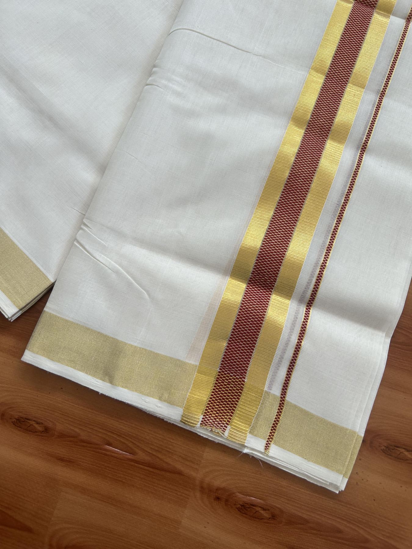 25% Discount ! Kaitharikada Handloom Unakkupaav - Kerala Handloom - 100% Pure Cotton Off White - (Unbleached) Double Mund/Dhoti - 100x80 - 1.75 inch Gold Kasav & Maroon Jacquard Design Kara 4 mtr (8.5 Muzham) - 31 KK5384 ABH