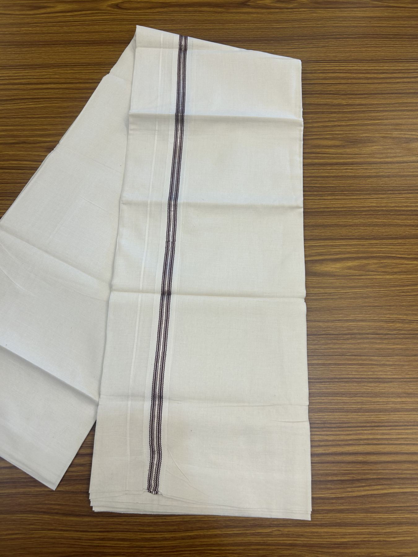 20% Discount!! KaithariKada Balaramapuram Pure Cotton Double Off White - (Unbleached) - Mundu/Dhoti - 100x80 - 1 inch Puliyilakkara Silver Kasav & Burnt Maroon Stripes One Side Chutty Kara 4 mtr (8.5 muzham) - 35 KK5311 VAS