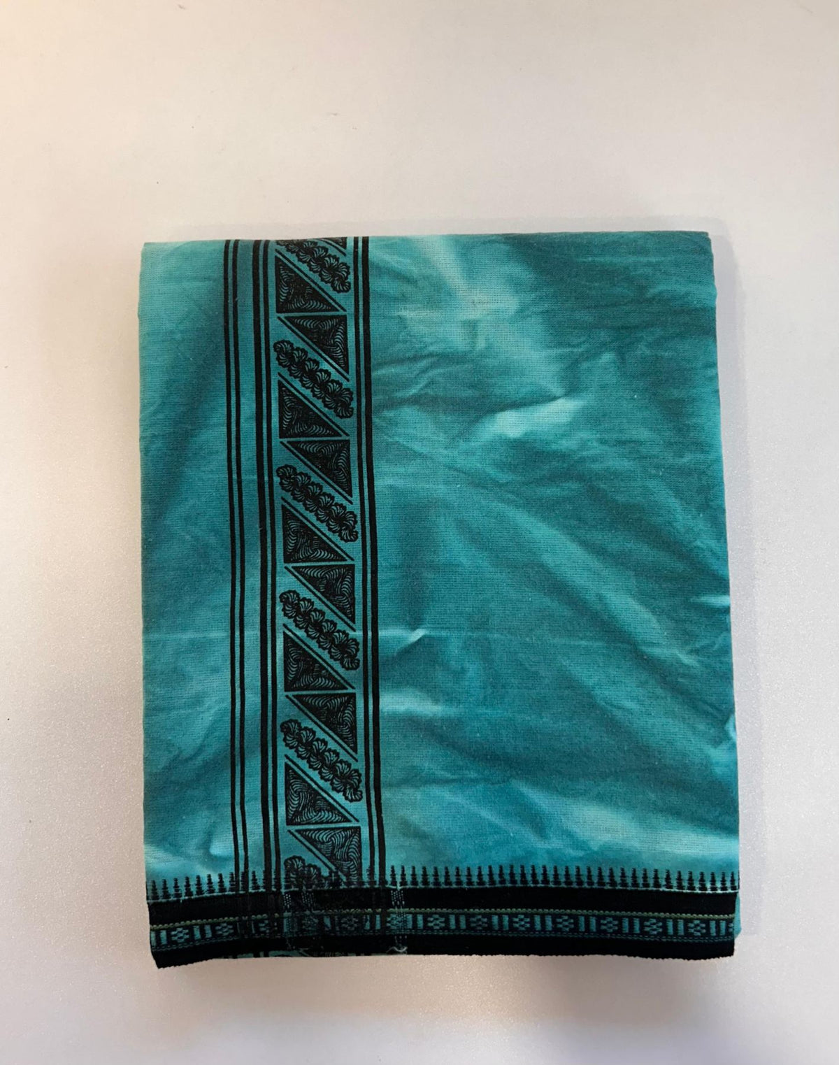 Single Kaily / Lungi - Kaitharikada - Mixed Cotton - 40s twisted - 2 inch Black Printed Design Kara With Sea Green & White Shaded Colour Body (2 meter / 4 muzham) -  48 KK8088 SAT
