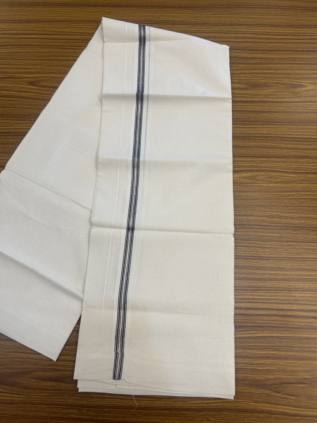 20% Discount!! KaithariKada Balaramapuram Pure Cotton Double Off White - (Unbleached) - Mundu/Dhoti - 100x80 - 1 inch Puliyilakkara Silver Kasav & Black Stripes One Side Chutty Kara 4 mtr (8.5 muzham) - 34 KK5311 VAS