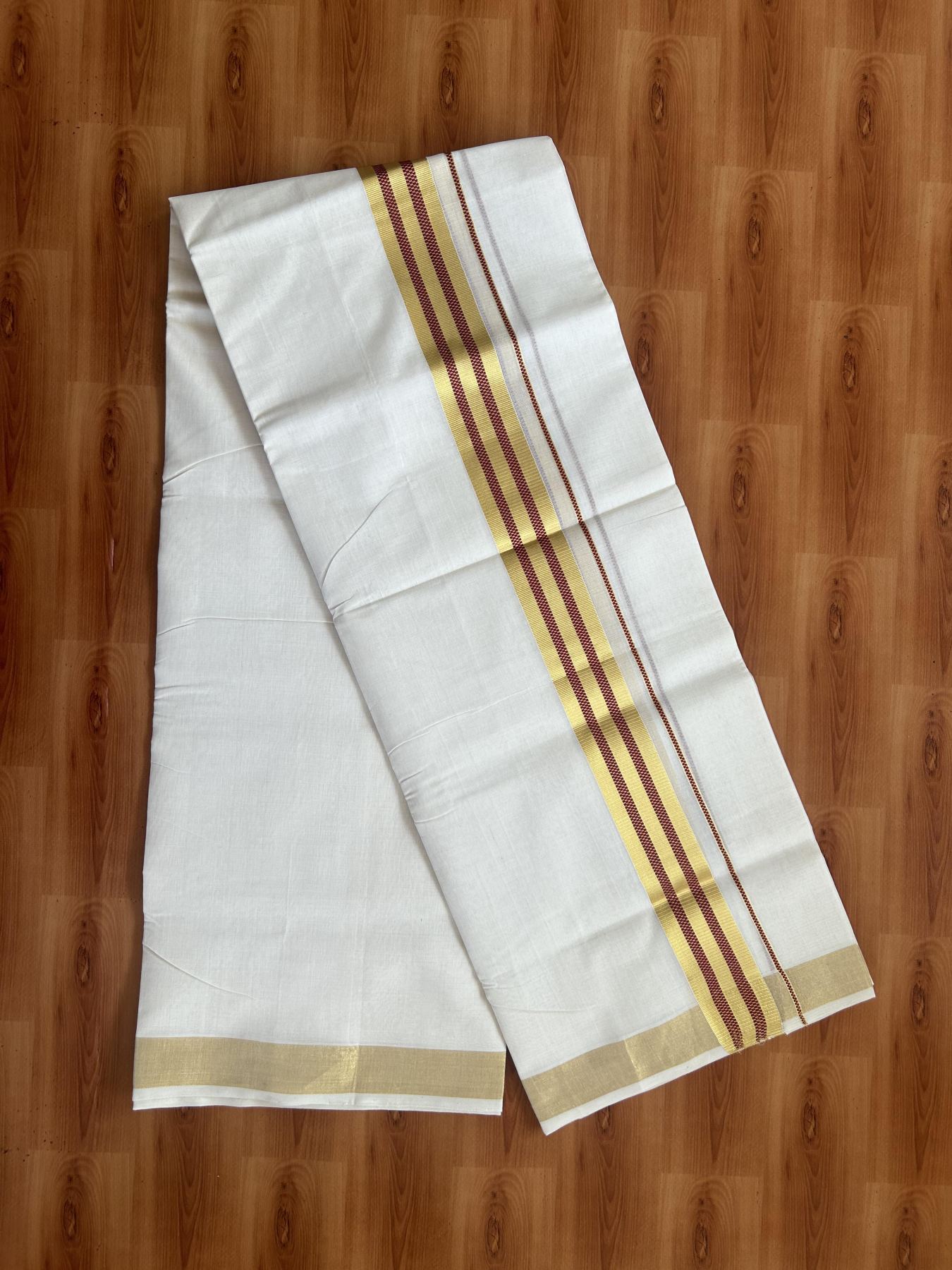 25% Discount ! Kaitharikada Handloom Unakkupaav - Kerala Handloom - 100% Pure Cotton Off White - (Unbleached) Double Mund/Dhoti - 100x80 - 1.75 inch Gold Kasav & Maroon Jacquard Design Kara 4 mtr (8.5 Muzham) - 32 KK5384 ABH