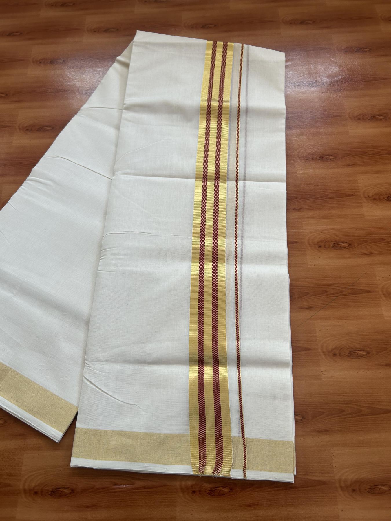 25% Discount ! Kaitharikada Handloom Unakkupaav - Kerala Handloom - 100% Pure Cotton Off White - (Unbleached) Double Mund/Dhoti - 100x80 - 1.75 inch Gold Kasav & Maroon Jacquard Design Kara 4 mtr (8.5 Muzham) - 32 KK5384 ABH