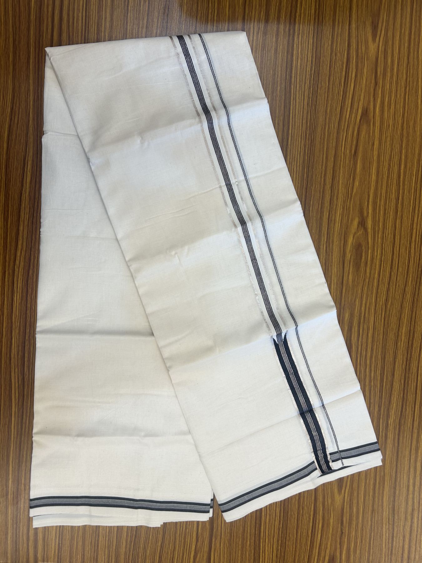 20% Discount!! KaithariKada Balaramapuram Pure Cotton Double Off White - (Unbleached) - Mundu/Dhoti - 100x80 - 1 inch Puliyilakkara Silver Kasav & Black Stripes One Side Chutty Kara 4 mtr (8.5 muzham) - 37 KK5311 VAS
