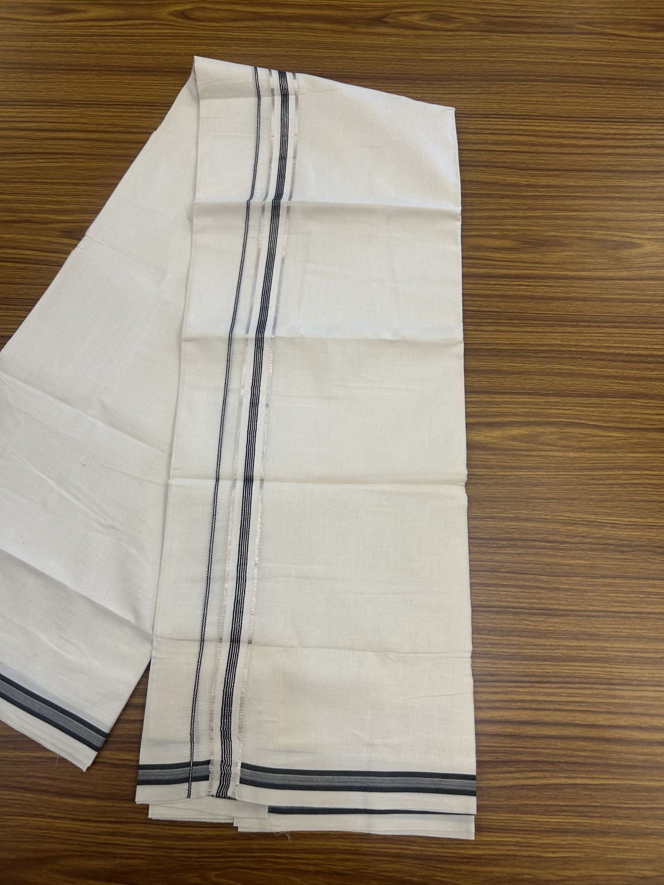 20% Discount!! KaithariKada Balaramapuram Pure Cotton Double Off White - (Unbleached) - Mundu/Dhoti - 100x80 - 1 inch Puliyilakkara Silver Kasav & Black Stripes One Side Chutty Kara 4 mtr (8.5 muzham) - 37 KK5311 VAS