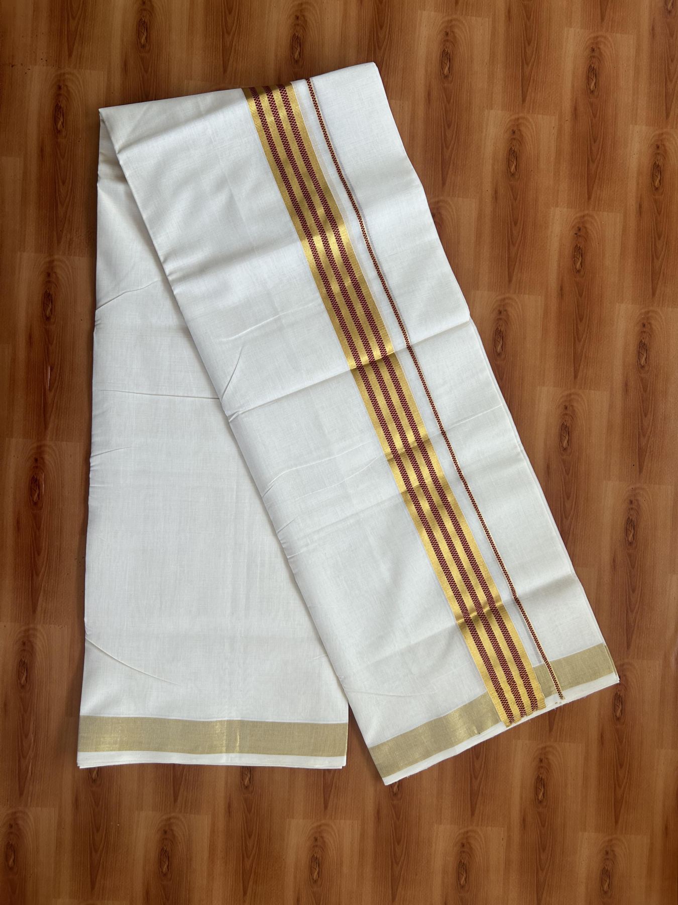 25% Discount ! Kaitharikada Handloom Unakkupaav - Kerala Handloom - 100% Pure Cotton Off White - (Unbleached) Double Mund/Dhoti - 100x80 - 1.75 inch Gold Kasav & Maroon Jacquard Design Kara 4 mtr (8.5 Muzham) - 33 KK5384 ABH