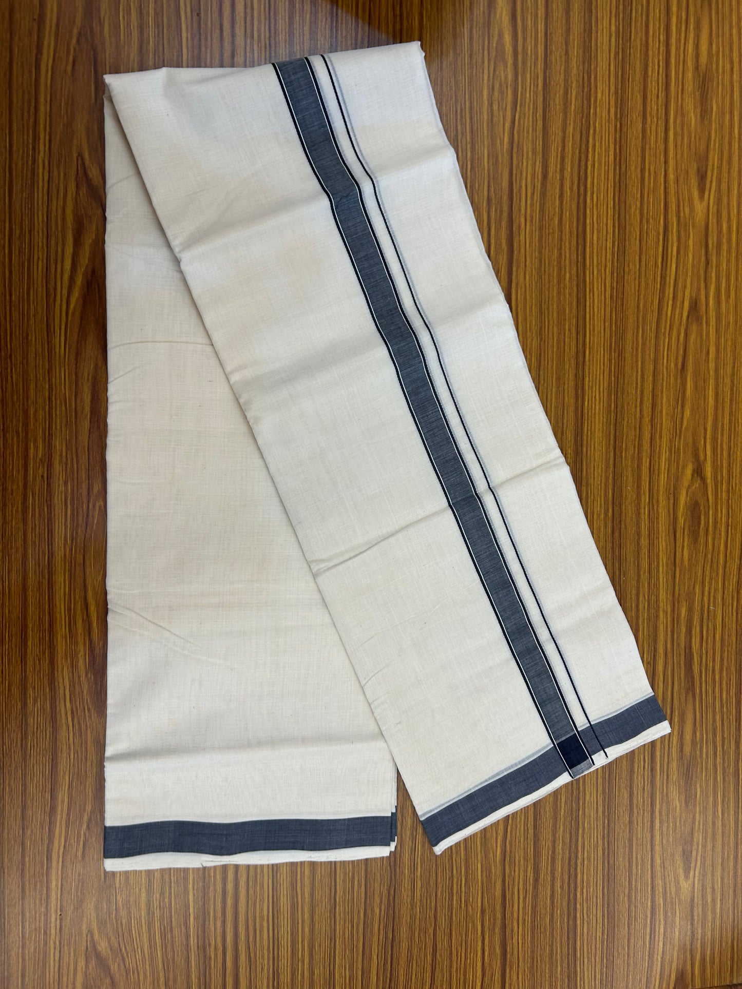 25% Discount KaithariKada Handloom Unakkupaav - Kerala Handloom - 100% Pure Cotton off white (Unbleached) Double Mundu/Dhoti - (80s) - 1 inch Dark Blue Grey Striped Kara 4 mtr (8.5 muzham) - 1 KK5368 ELA