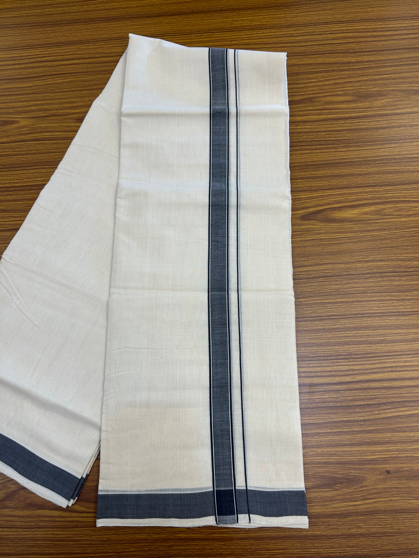 25% Discount KaithariKada Handloom Unakkupaav - Kerala Handloom - 100% Pure Cotton off white (Unbleached) Double Mundu/Dhoti - (80s) - 1 inch Dark Blue Grey Striped Kara 4 mtr (8.5 muzham) - 1 KK5368 ELA