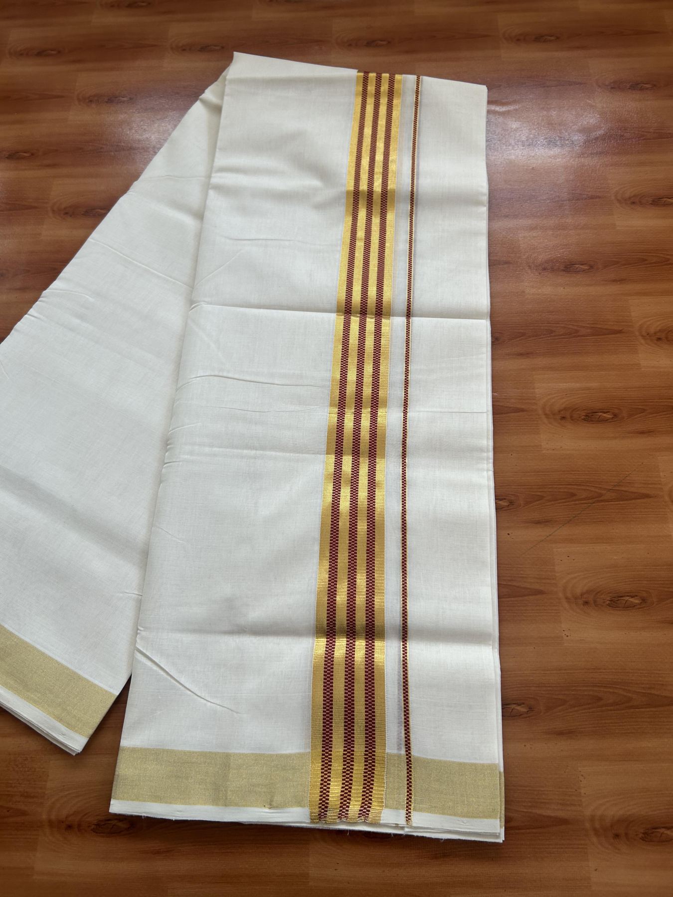 25% Discount ! Kaitharikada Handloom Unakkupaav - Kerala Handloom - 100% Pure Cotton Off White - (Unbleached) Double Mund/Dhoti - 100x80 - 1.75 inch Gold Kasav & Maroon Jacquard Design Kara 4 mtr (8.5 Muzham) - 33 KK5384 ABH
