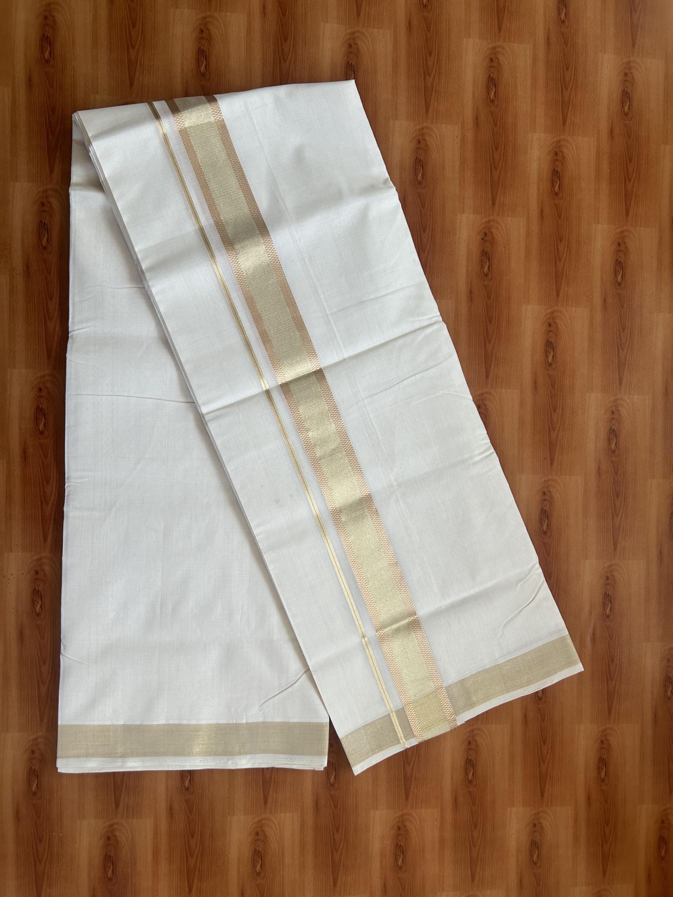 25% Discount ! Kaitharikada Handloom Unakkupaav - Kerala Handloom - 100% Pure Cotton Off White - (Unbleached) Double Mund/Dhoti - 100x80 - 1.75 inch Light Gold & Copper Kasav Jacquard Design Kara 4 mtr (8.5 Muzham) - 35 KK5384 ABH