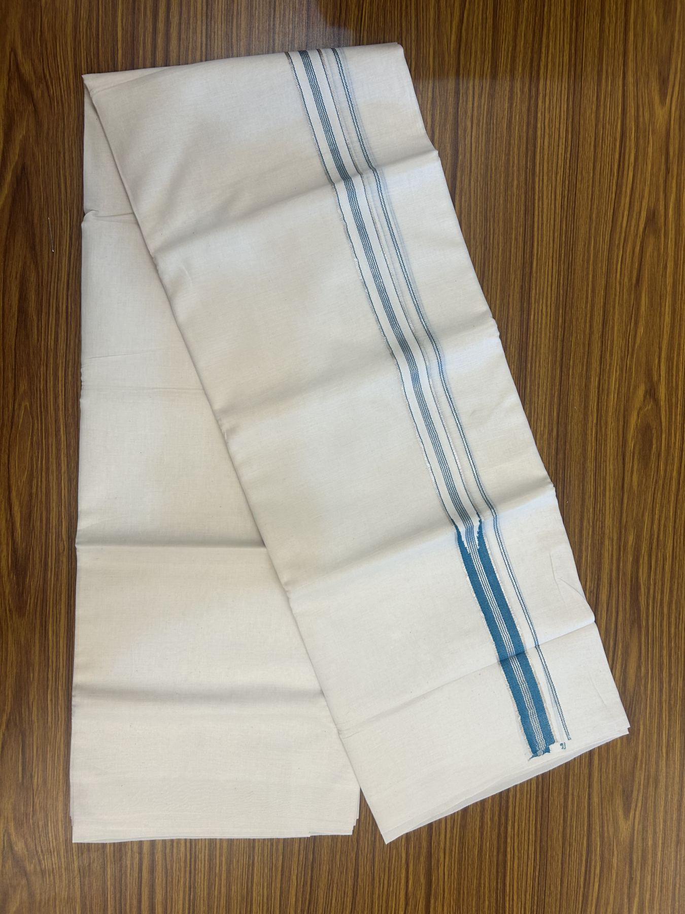 20% Discount!! KaithariKada Balaramapuram Pure Cotton Double Off White - (Unbleached) - Mundu/Dhoti - 100x80 - 1 inch Puliyilakkara Silver Kasav & Aqua Green Stripes One Side Chutty Kara 4 mtr (8.5 muzham) - 39 KK5311 VAS