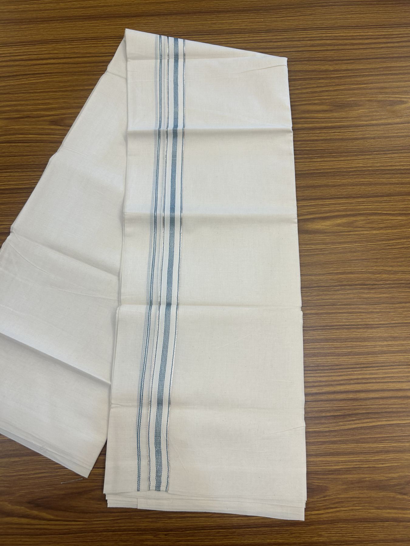 20% Discount!! KaithariKada Balaramapuram Pure Cotton Double Off White - (Unbleached) - Mundu/Dhoti - 100x80 - 1 inch Puliyilakkara Silver Kasav & Aqua Green Stripes One Side Chutty Kara 4 mtr (8.5 muzham) - 39 KK5311 VAS