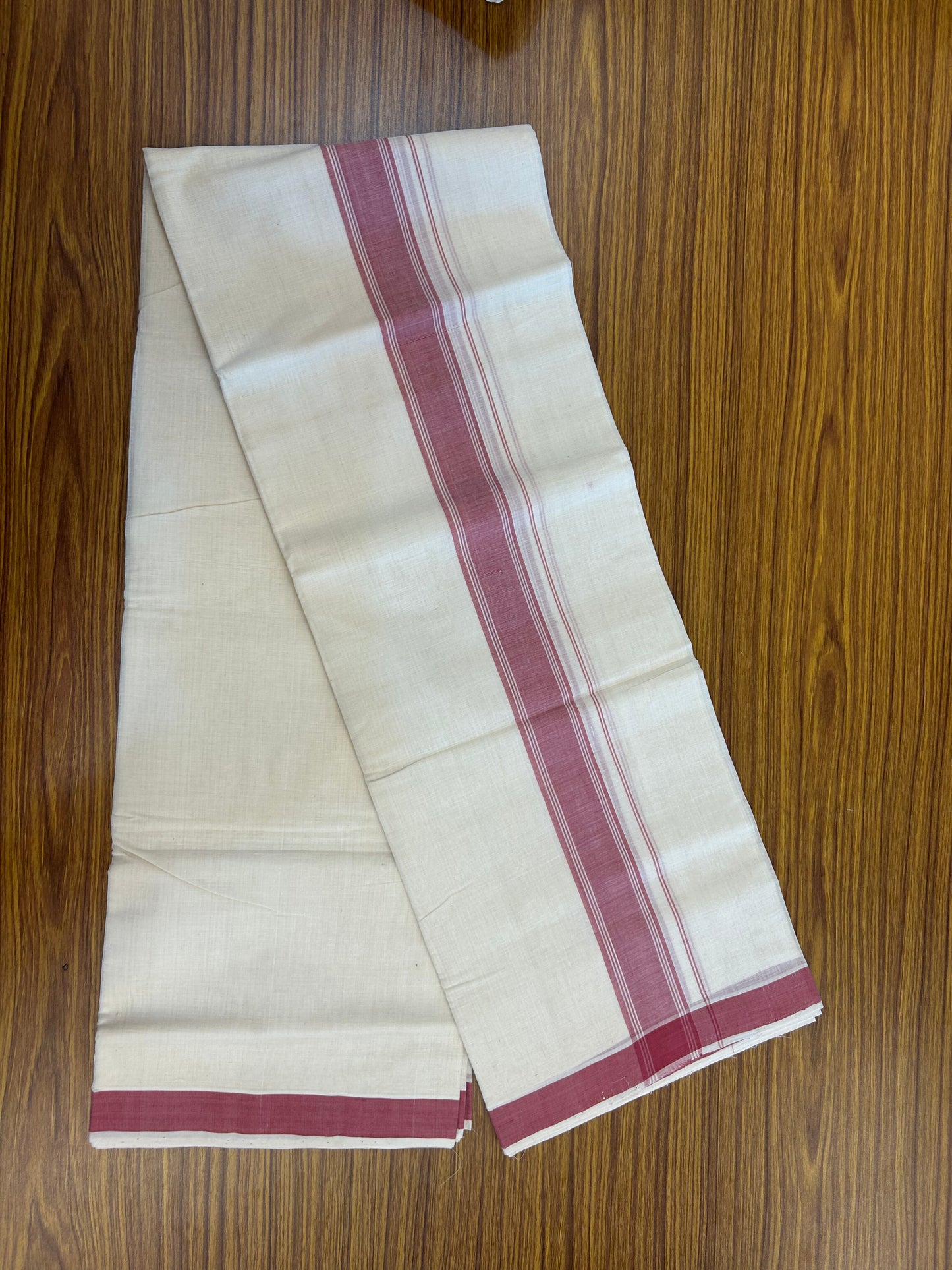25% Discount KaithariKada Handloom Unakkupaav - Kerala Handloom - 100% Pure Cotton off white (Unbleached) Double Mundu/Dhoti - (80s) - 1.75 inch Dark Rose Striped Kara 4 mtr (8.5 muzham) - 3 KK5368 ELA