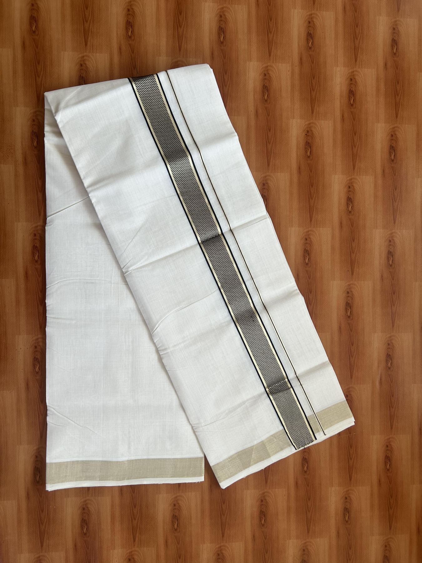 25% Discount ! Kaitharikada Handloom Unakkupaav - Kerala Handloom - 100% Pure Cotton Off White - (Unbleached) Double Mund/Dhoti - 100x80 - 1.75 inch Gold Kasav & Black Jacquard Design Kara 4 mtr (8.5 Muzham) - 26 KK5384 ABH