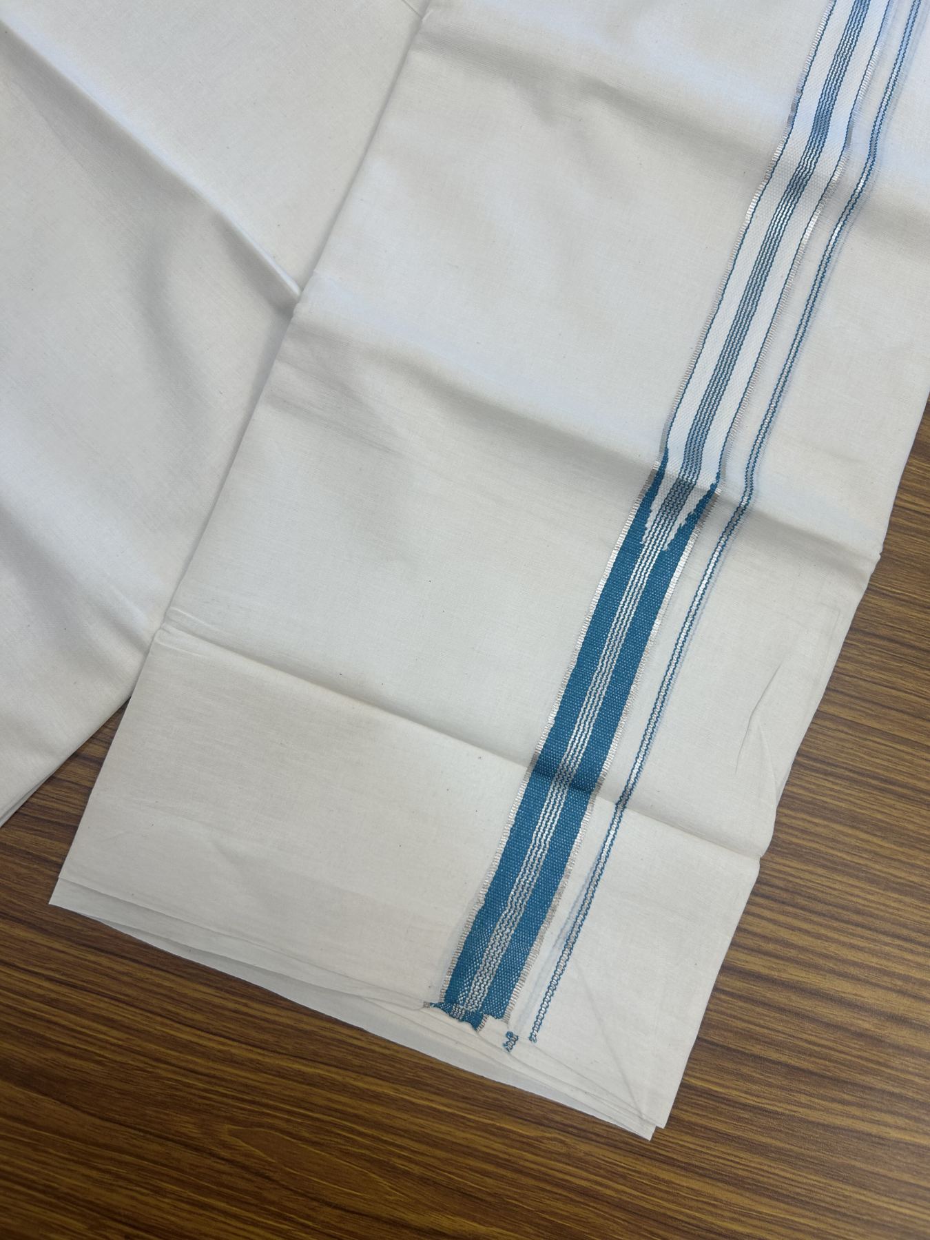 20% Discount!! KaithariKada Balaramapuram Pure Cotton Double Off White - (Unbleached) - Mundu/Dhoti - 100x80 - 1 inch Puliyilakkara Silver Kasav & Aqua Green Stripes One Side Chutty Kara 4 mtr (8.5 muzham) - 39 KK5311 VAS