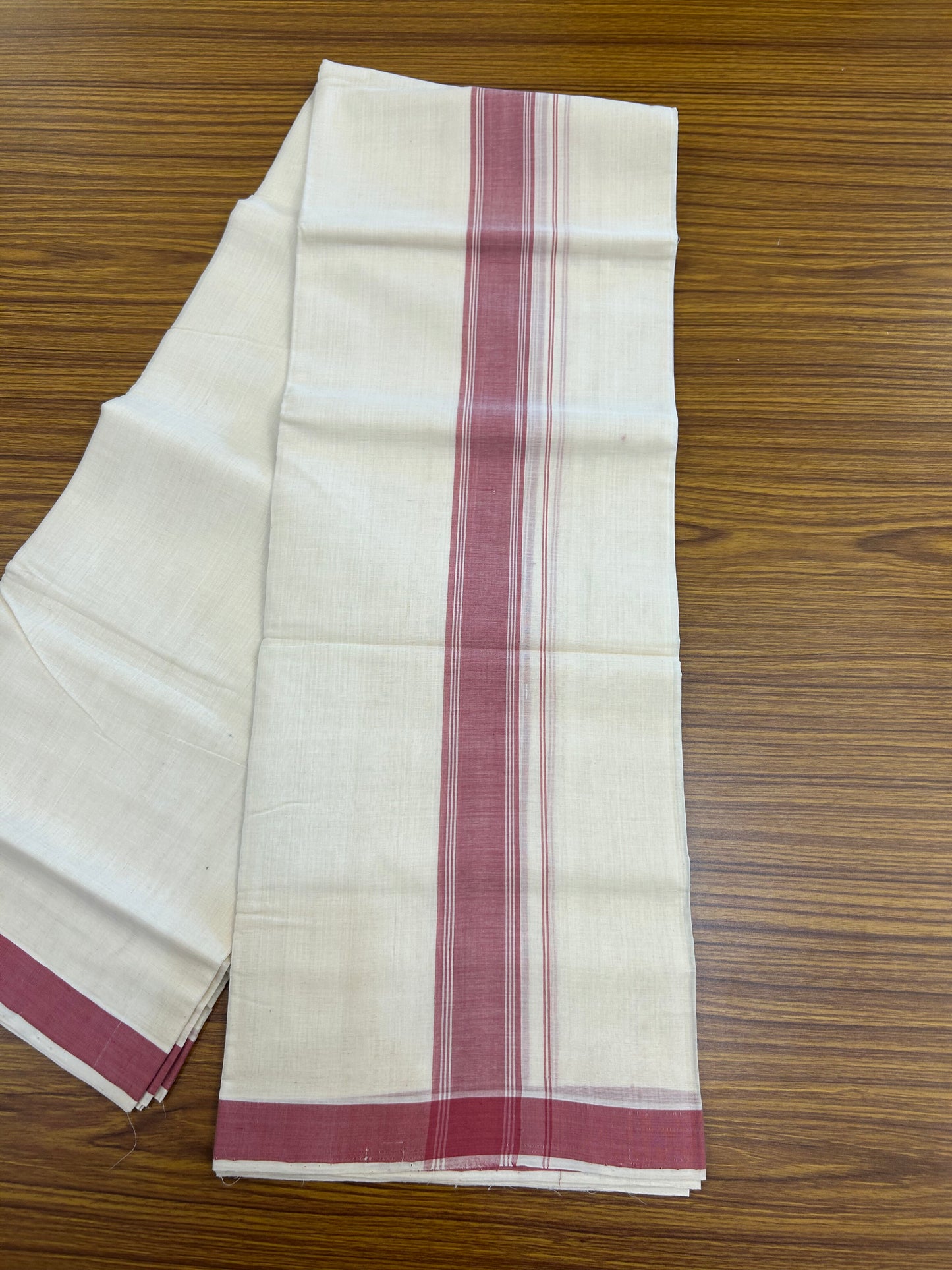 25% Discount KaithariKada Handloom Unakkupaav - Kerala Handloom - 100% Pure Cotton off white (Unbleached) Double Mundu/Dhoti - (80s) - 1.75 inch Dark Rose Striped Kara 4 mtr (8.5 muzham) - 3 KK5368 ELA